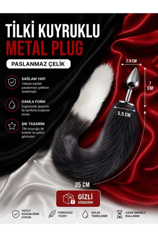 ADLUS Paslanmaz Çelik Tilki Kuyruklu Metal Plug - Ergonomik Damla Form Anal Plug - Görsel 3