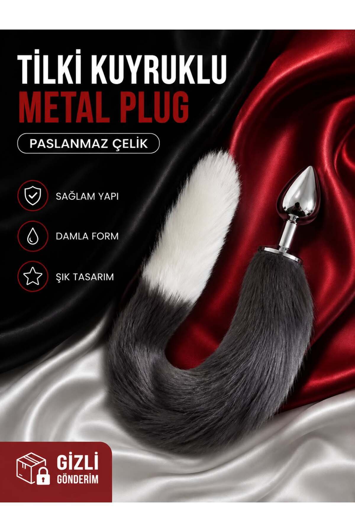 ADLUS Paslanmaz Çelik Tilki Kuyruklu Metal Plug - Ergonomik Damla Form Anal Plug