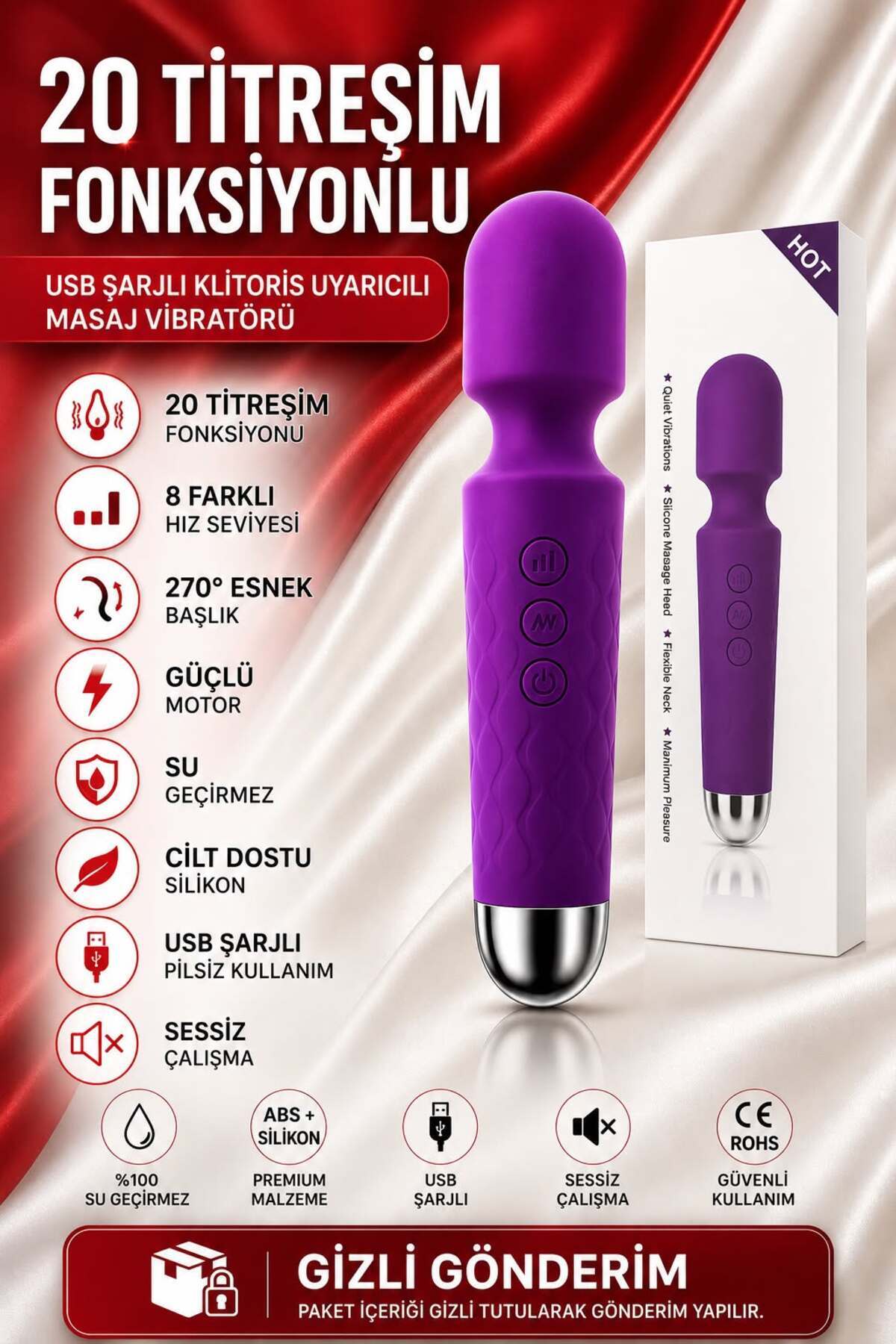 ADLUS 20 Titreşim Fonksiyonlu USB Şarjlı Klitoris Uyarıcılı Masaj Vibratörü | Su Geçirmez Silikon Başlık | Sessiz Çalışma | 20 cm