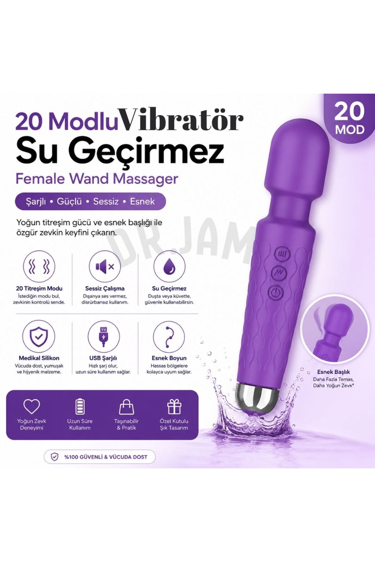 Genel Markalar 20 Mod Titreşimli Yüksek Kalite USB Şarjlı Su Geçirmez Vibratör Masaj Aleti