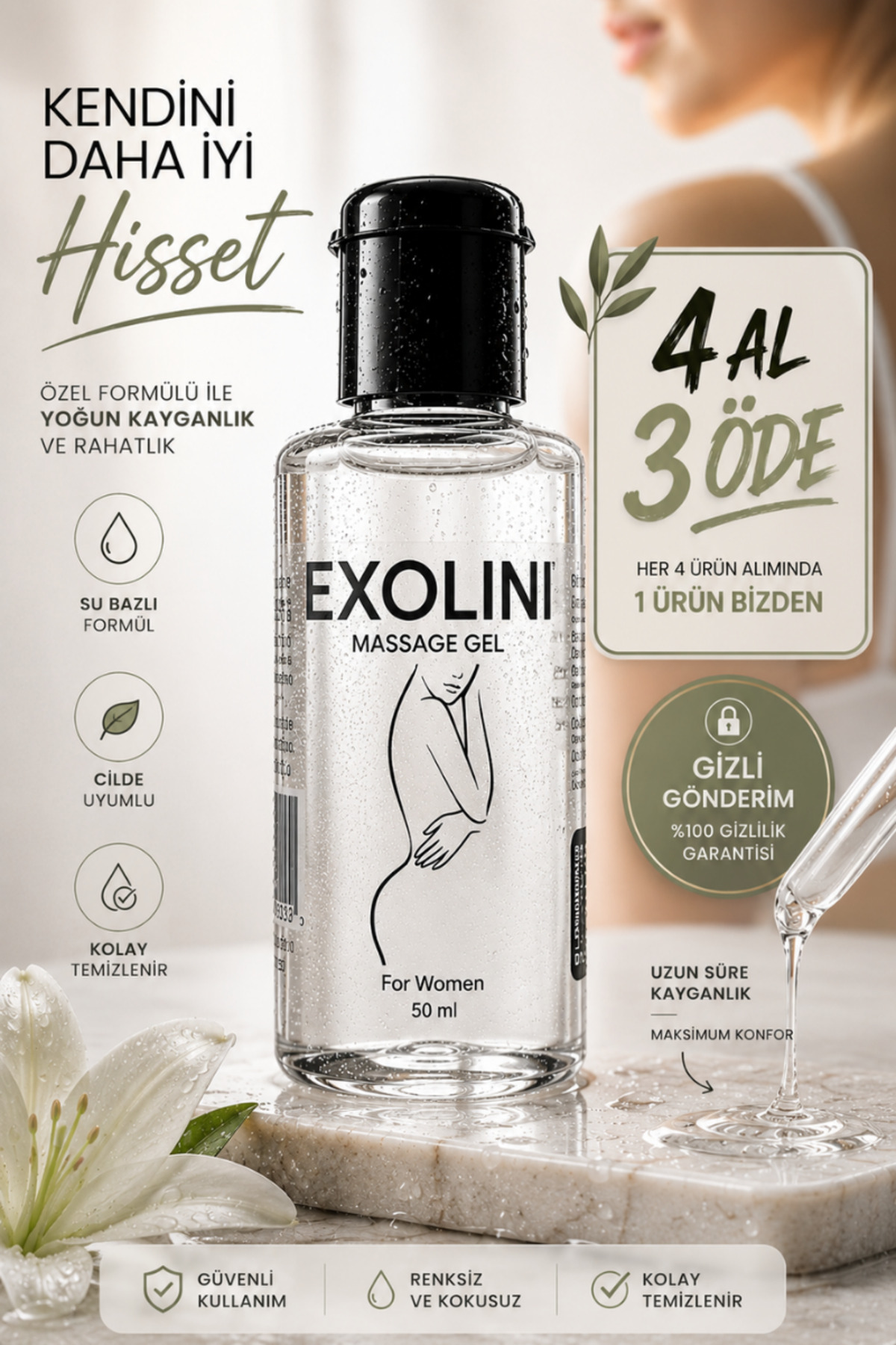 EXOLİNİ +Su Bazlı Kayganlaştırıcı Masaj Jeli 50 ml - Uzun Süre Kayganlık