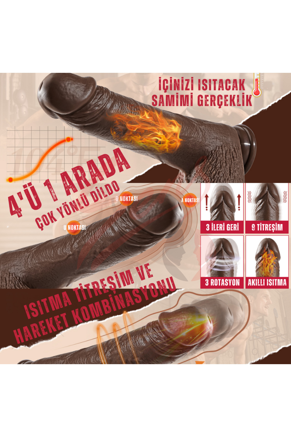 Erotica İleri Geri ve Dönme Hareketli Isıtmalı Realistik Yapay Penis Vibratör Thrusting Dildo 25 CM - Görsel 3