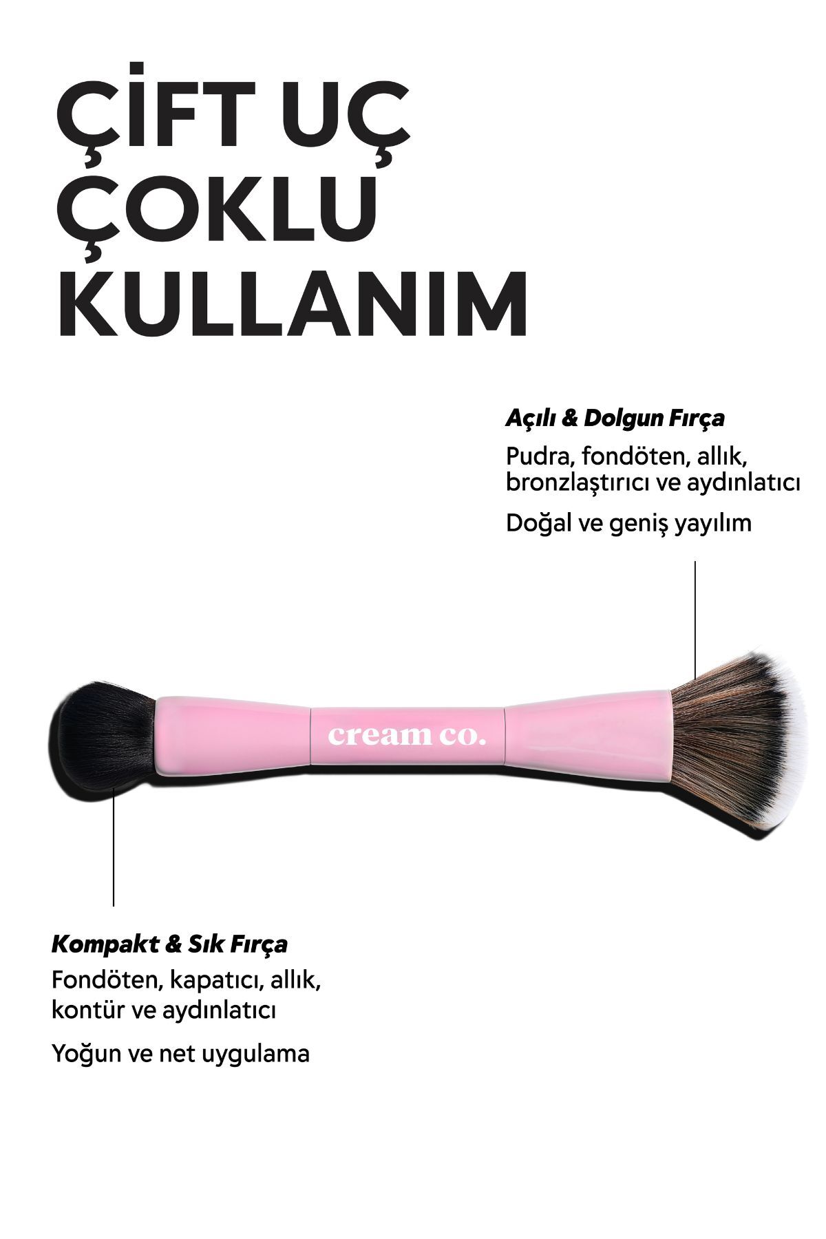 Cream Co. Çift Taraflı Makyaj Fırçası | Dual-Ended Allık Kontür Fondöten Kapatıcı | Çok Amaçlı Makeup Brush - Görsel 3