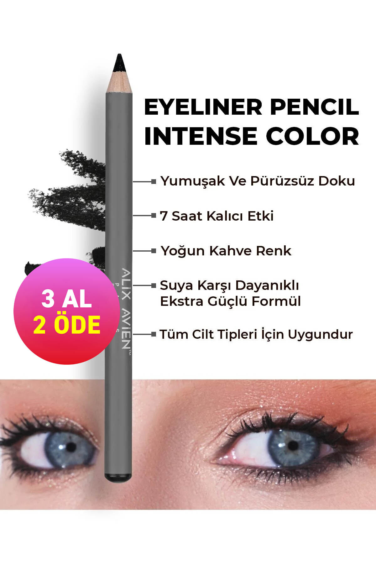 Alix Avien Suya Dayanıklı Yoğun Pigmentli Kremsi Kolay Sürüm Siyah Göz Kalemi - Eyeliner Pencil Black