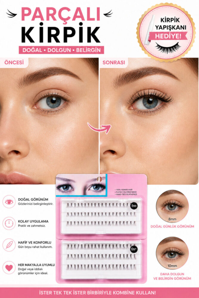 MAQYA KOZMETİK Takma Kirpik Seti 120'li Yapıştırıcı Hediyeli Sabitleyici Doğal Görünüm+ Takma Kirpik Cımbızı + Tarama Fırçası 10D-8D/10mm-8mm - Görsel 3