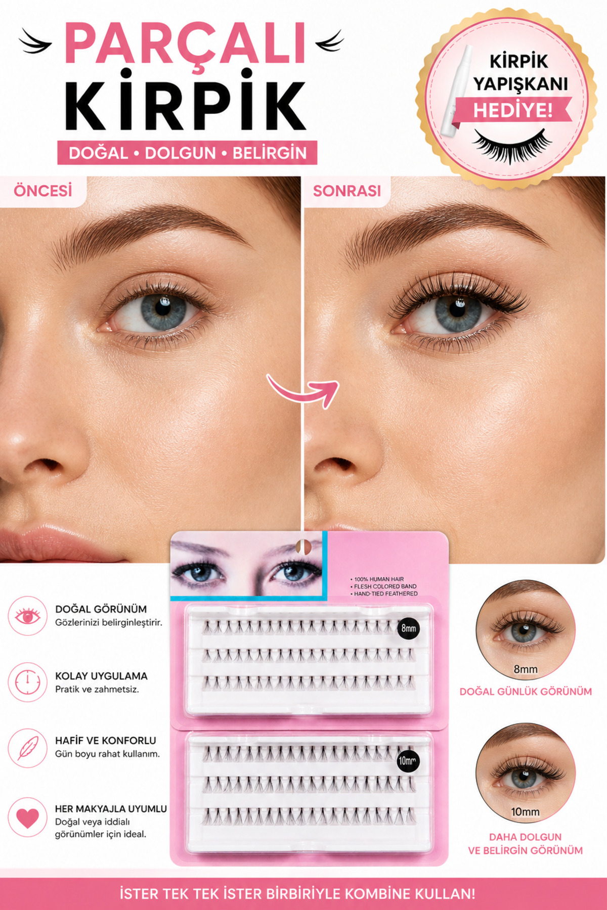 MAQYA KOZMETİK Takma Kirpik Seti 120'li Yapıştırıcı Hediyeli Sabitleyici Doğal Görünüm+ Takma Kirpik Cımbızı + Tarama Fırçası 10D-8D/10mm-8mm - Görsel 3