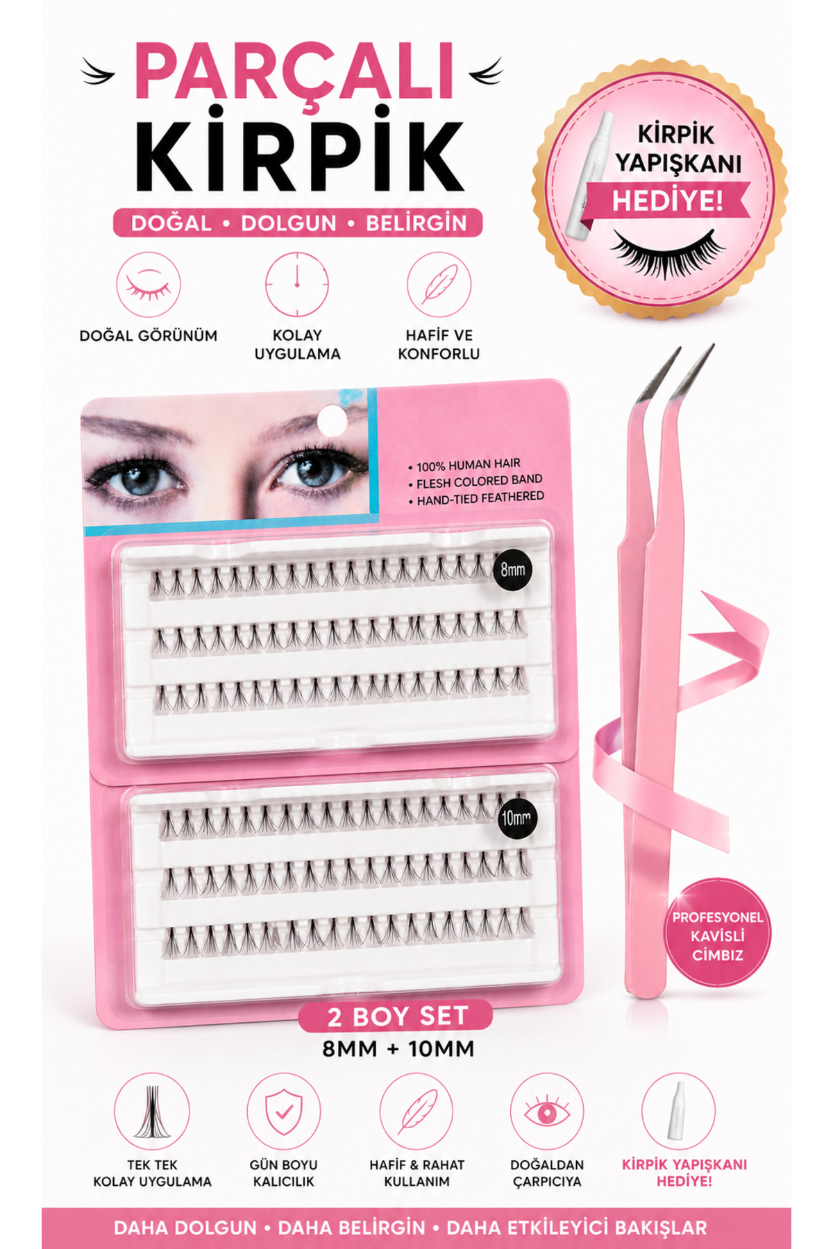 MAQYA KOZMETİK Takma Kirpik Seti 120'li Yapıştırıcı Hediyeli Sabitleyici Doğal Görünüm+ Takma Kirpik Cımbızı + Tarama Fırçası 10D-8D/10mm-8mm