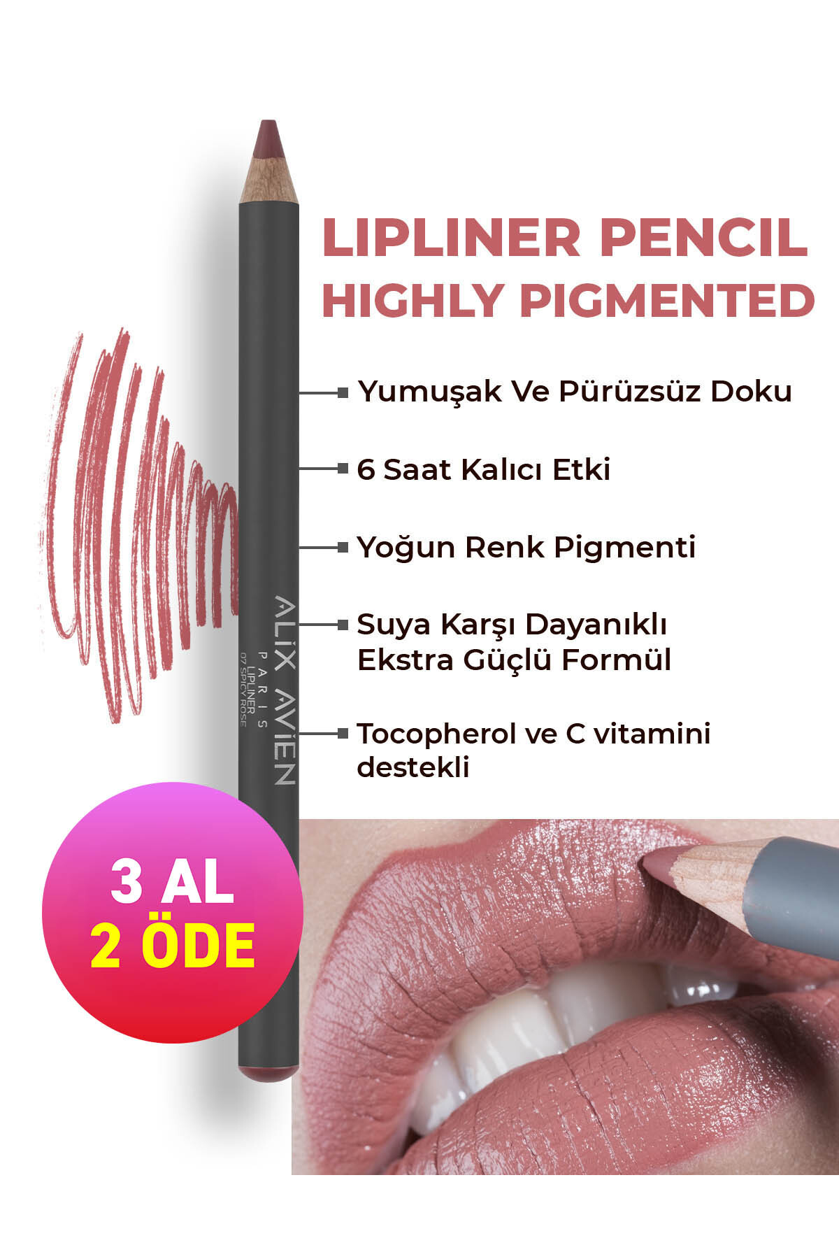 Alix Avien Uzun Süre Kalıcı Dağılma Yapmayan Nemlendirici Dudak Kalemi - Lipliner Pencil 07 Spicy Rose