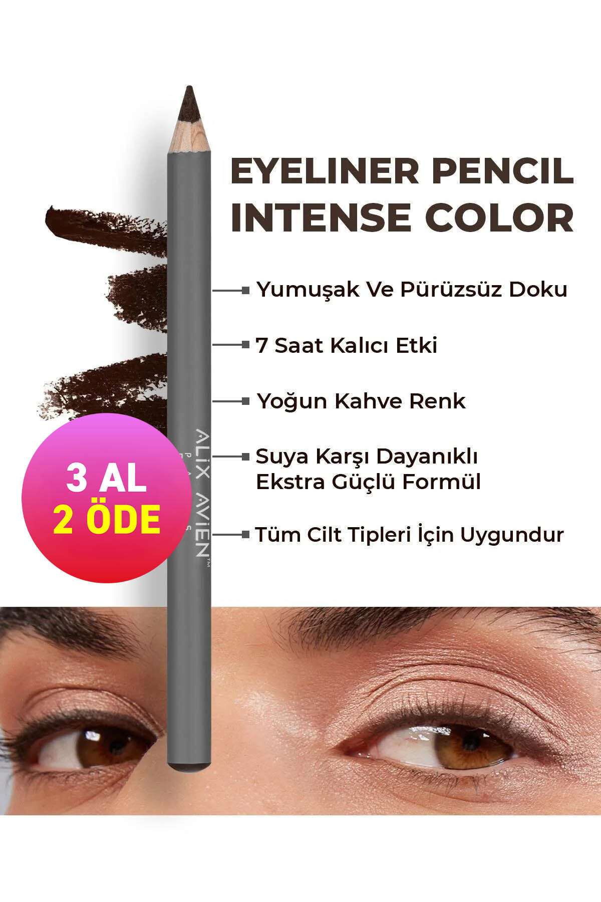 Alix Avien Suya Dayanıklı Yoğun Pigmentli Kremsi Kolay Sürüm Kahverengi Göz Kalemi - Eyeliner Pencil Brown