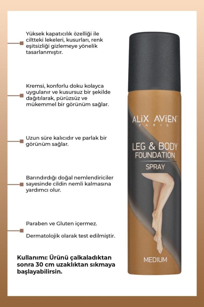 Alix Avien Bacak Fondöteni Medium Vücut Makyajı Bronzlaştırıcı Etki Sprey Çorap - Leg & Body Foundation 75ml - Görsel 3