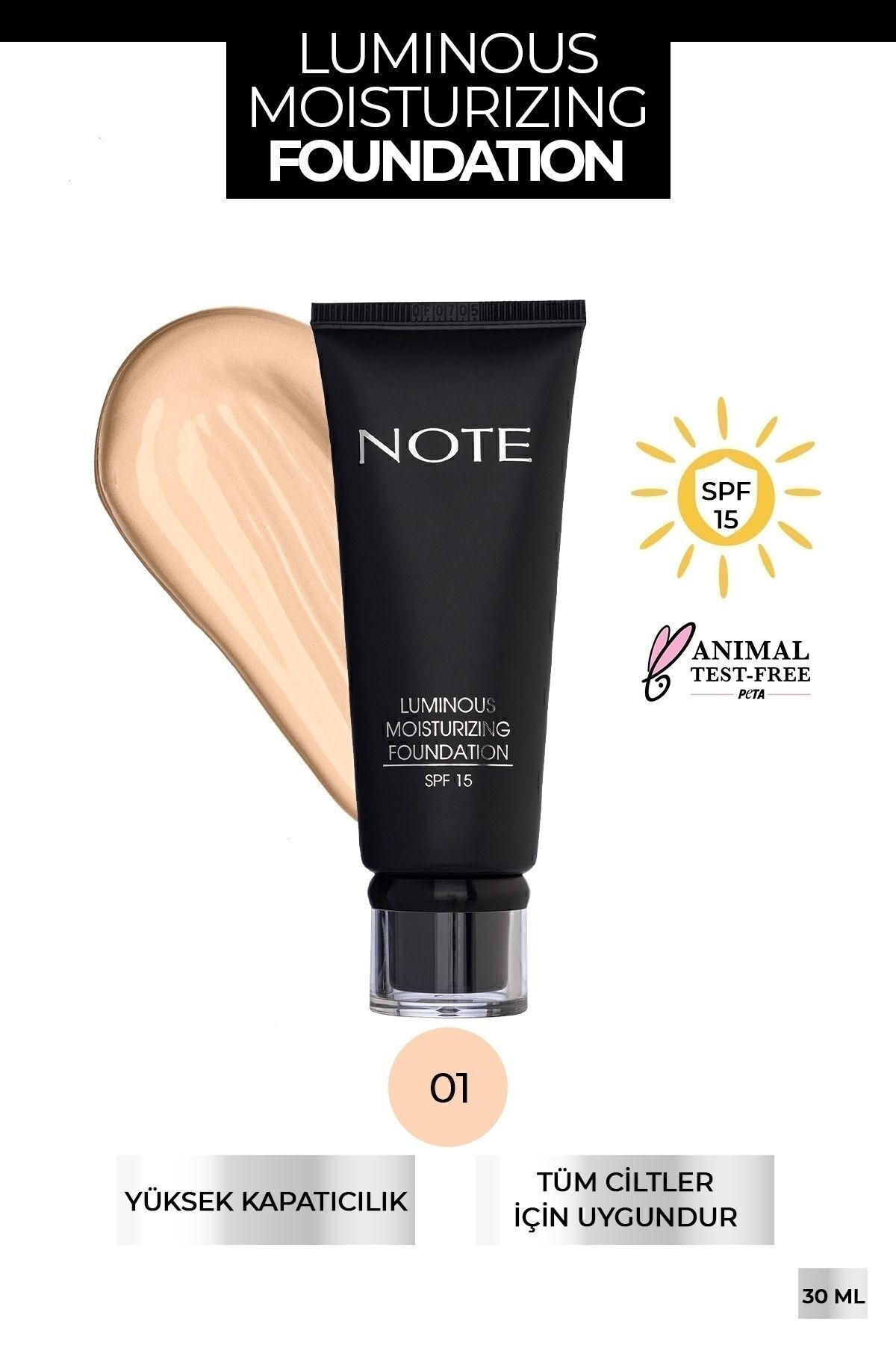 Note Cosmetics Luminous Moisturizing Spf 15 Nemlendirici Etkili Parlak Bitişli Fondöten - 01 Beige