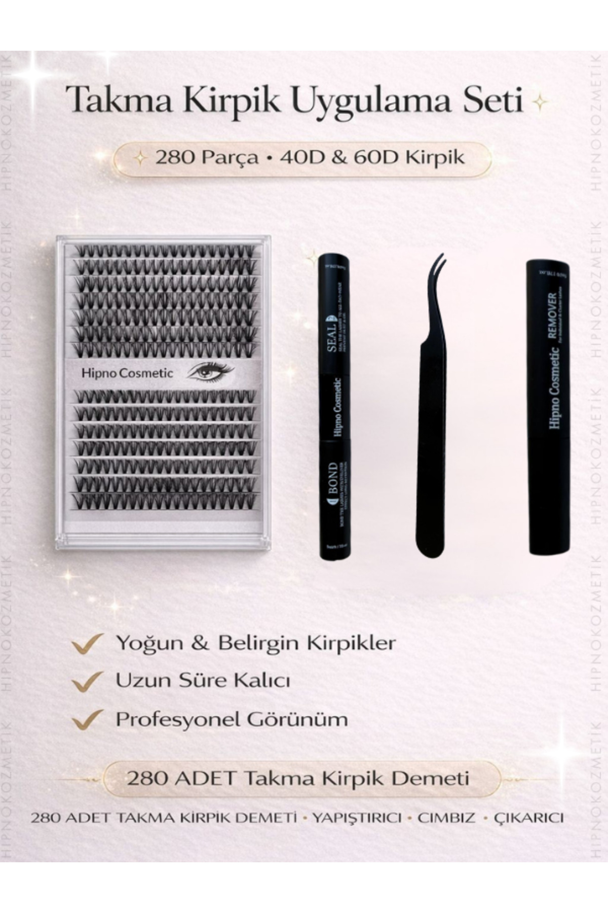 hıpnocosmetıc 280'li Takma Kirpik Seti,Yapıştırıcı Sabitleyici Çıkarıcı Ve Takma Kirpik Cımbızı (40 D 60 D)