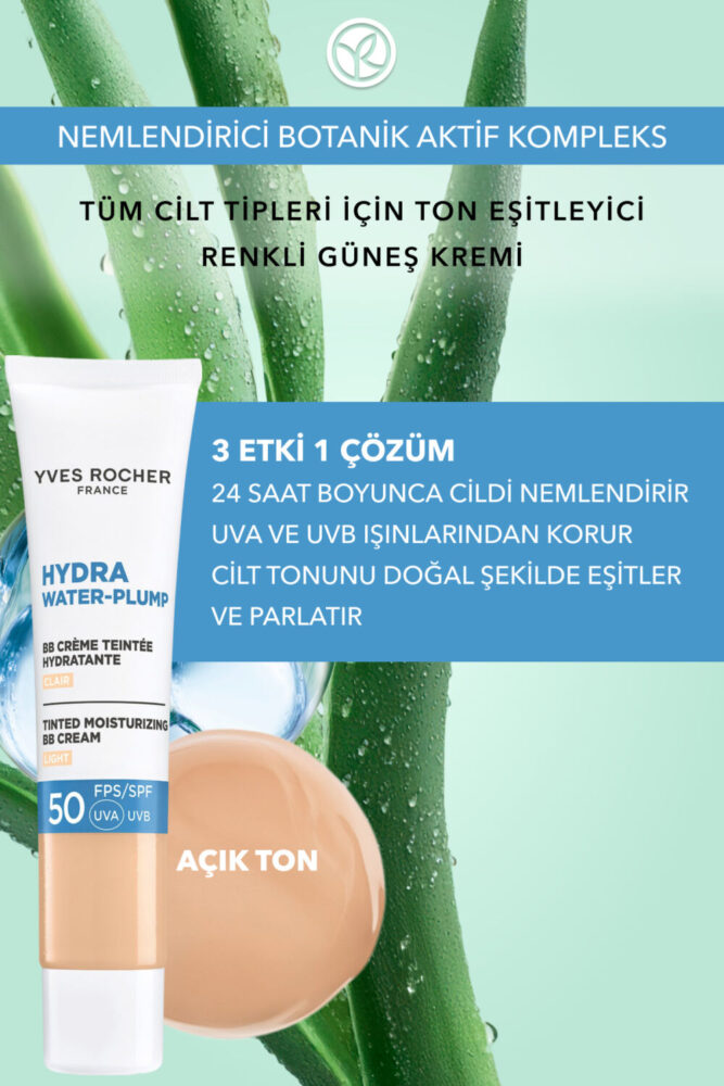 Yves Rocher BB Krem 50 SPF - Ton Eşitleyici Renkli Nemlendirici Güneş Kremi - Hydra Water Plump - Açık 40ML - Görsel 2