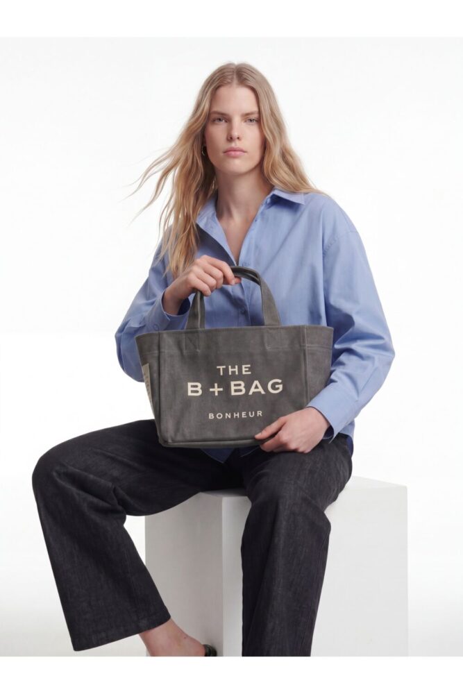 Bonheur Canvas Ghost Gray Small Tote Bag - Görsel 3