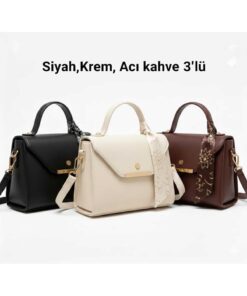 METEBAGS Siyah,Krem,Acı kahve 3'lü Paket Suni Deri Fular Detaylı Omuz& El Çantası
