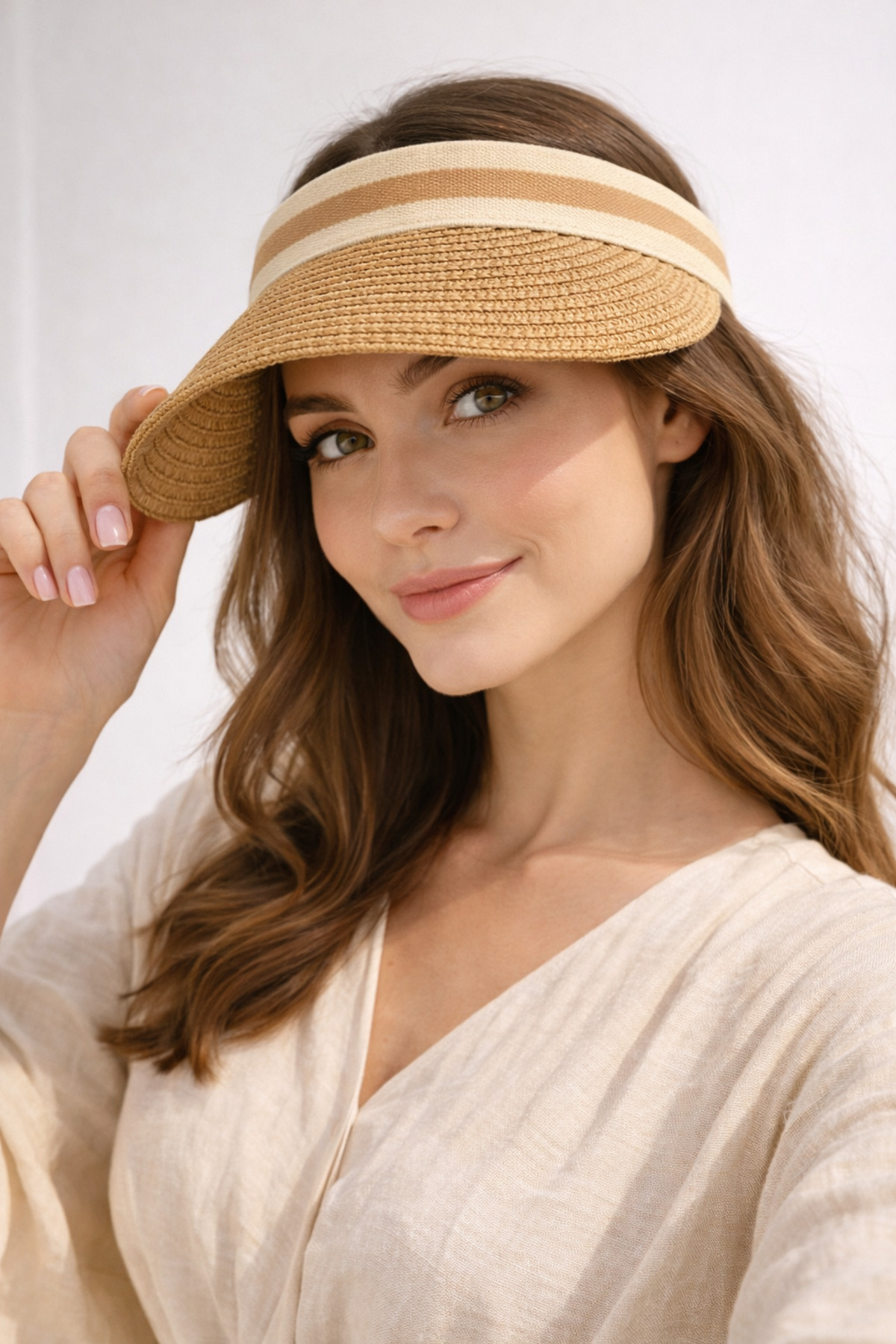 Butik Camel Güneş Koruyucu İthal Şeritli Hasır Vizör Şapka Tesettüre Uygun Taç Model Yazlık Şapka