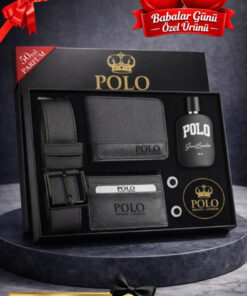 POLOGRAND London 5'li Set Kutulu Babalar Günü Hediyesi İçin Babaya Hediyelik Kol Düğmesi Parfüm Kemer Cüzdan Kartlık
