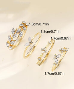 The Collection 4'lü Kombin Kelebek Çiçek Detaylı Eklem Gold Taşlı Yüzük Set - Görsel 3