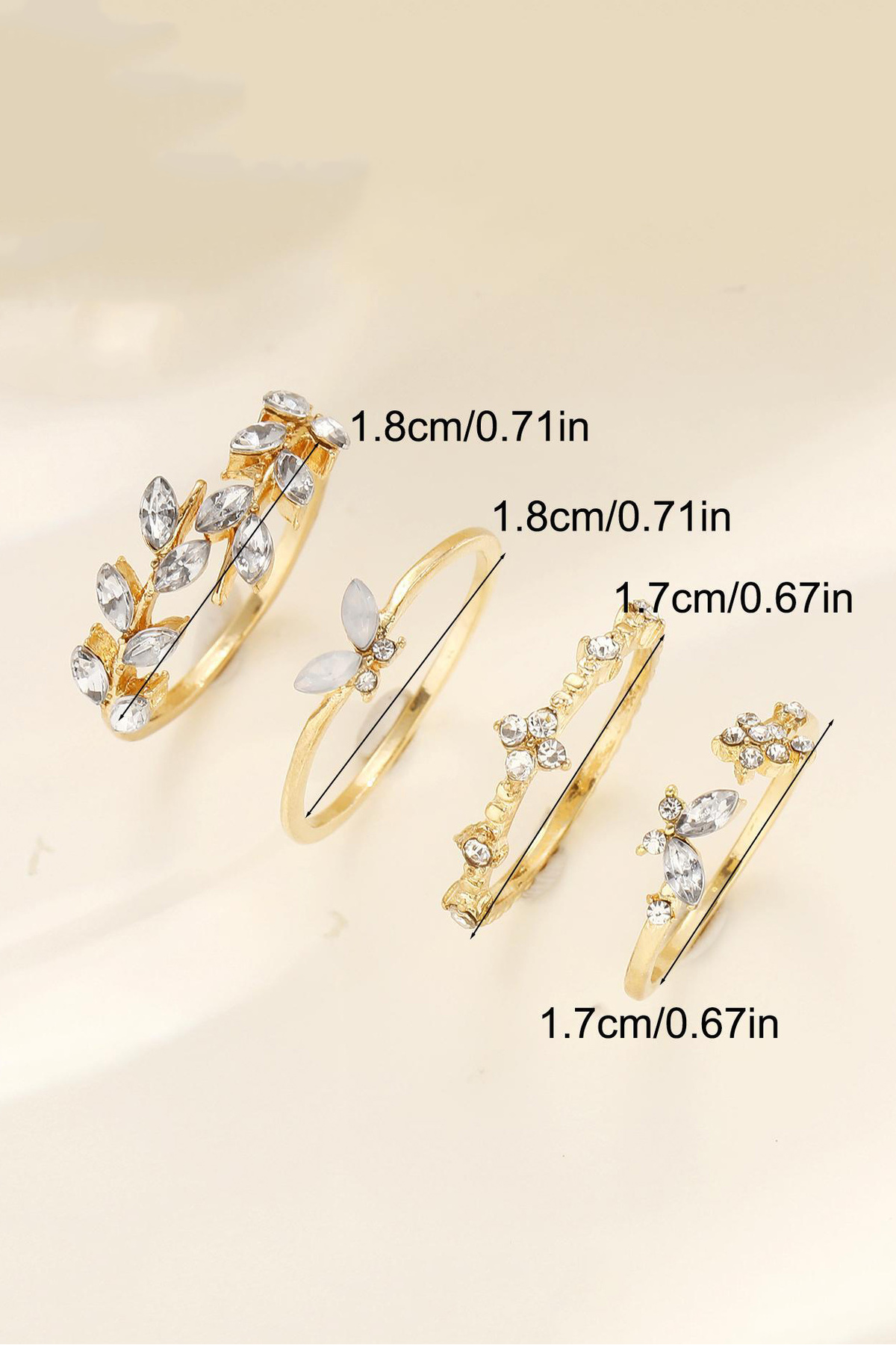 The Collection 4'lü Kombin Kelebek Çiçek Detaylı Eklem Gold Taşlı Yüzük Set - Görsel 3