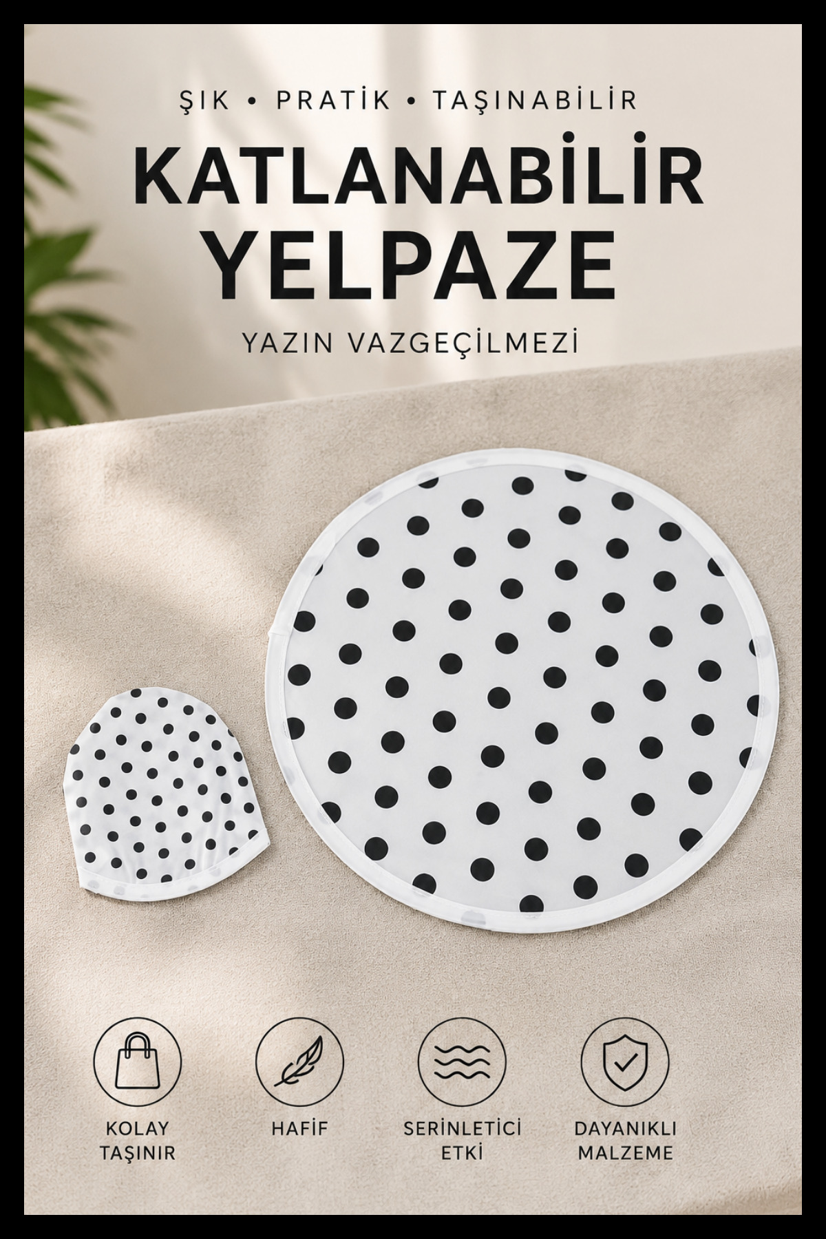 MAZEN 25 cm Puantiye Desenli Katlanabilir Yuvarlak Yazlık Taşınabilir El Yelpazesi