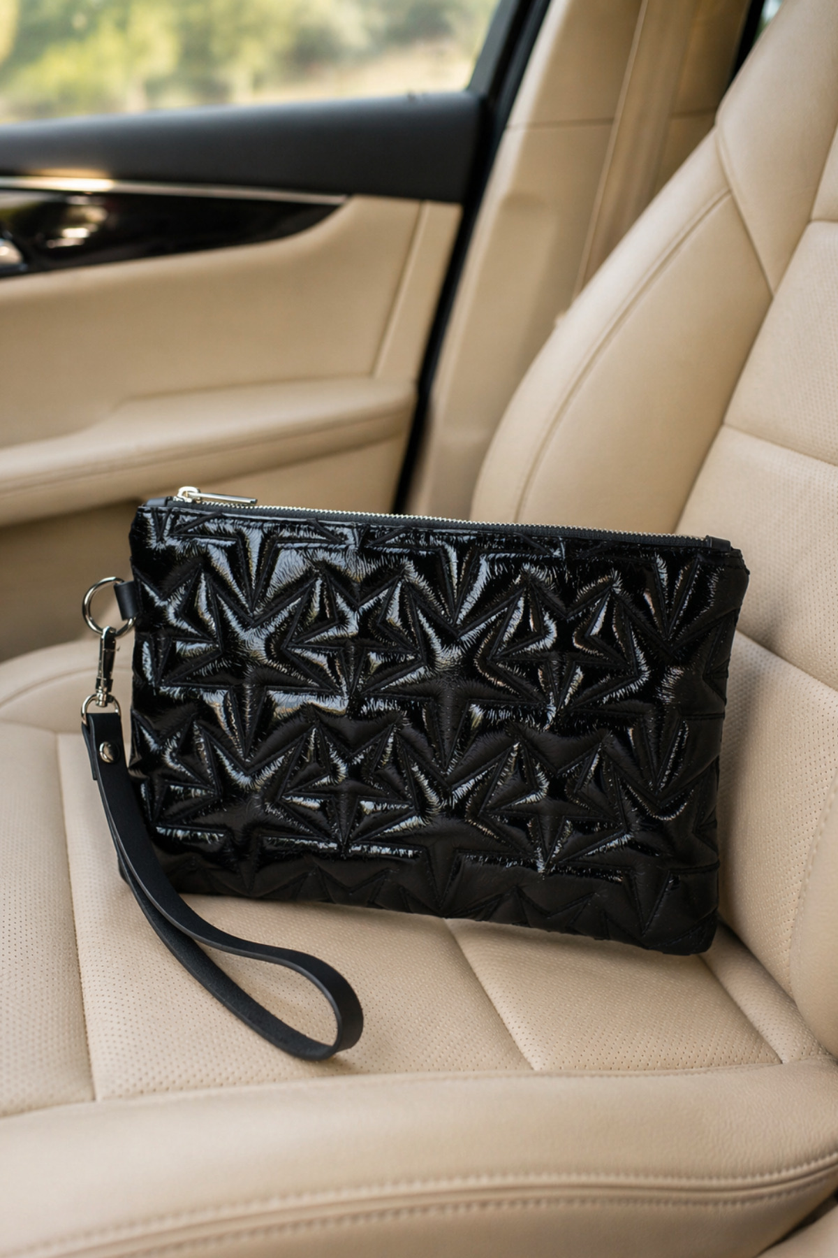 Adelina Bags Yıldız Nakış İşlemeli Portföy El Çantası Bilek Askılı Saten Astarlı Siyah Clutch Çanta