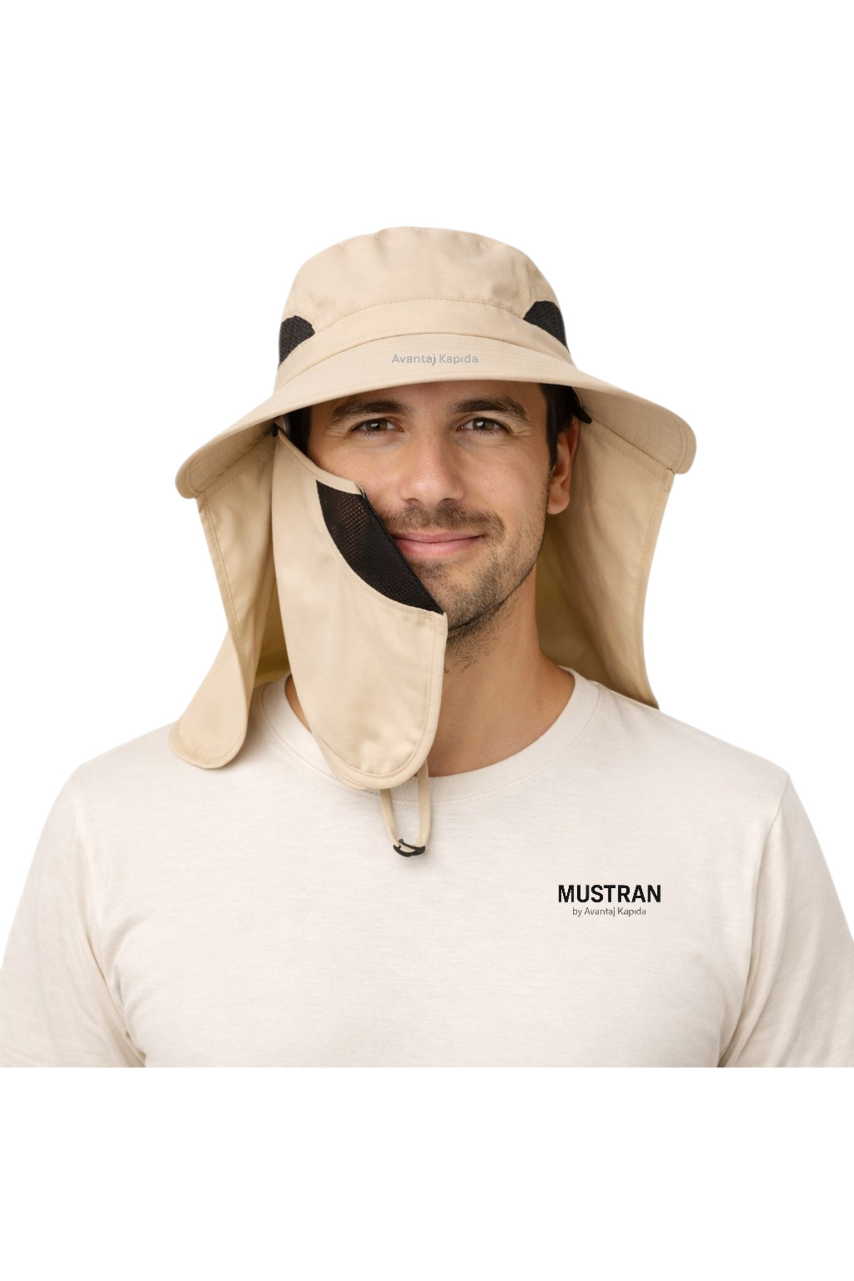 Mustran UV Korumalı Sök Tak Maskeli Enseli Güneş Şapkası Unisex Outdoor Yazlık Krem Şapka