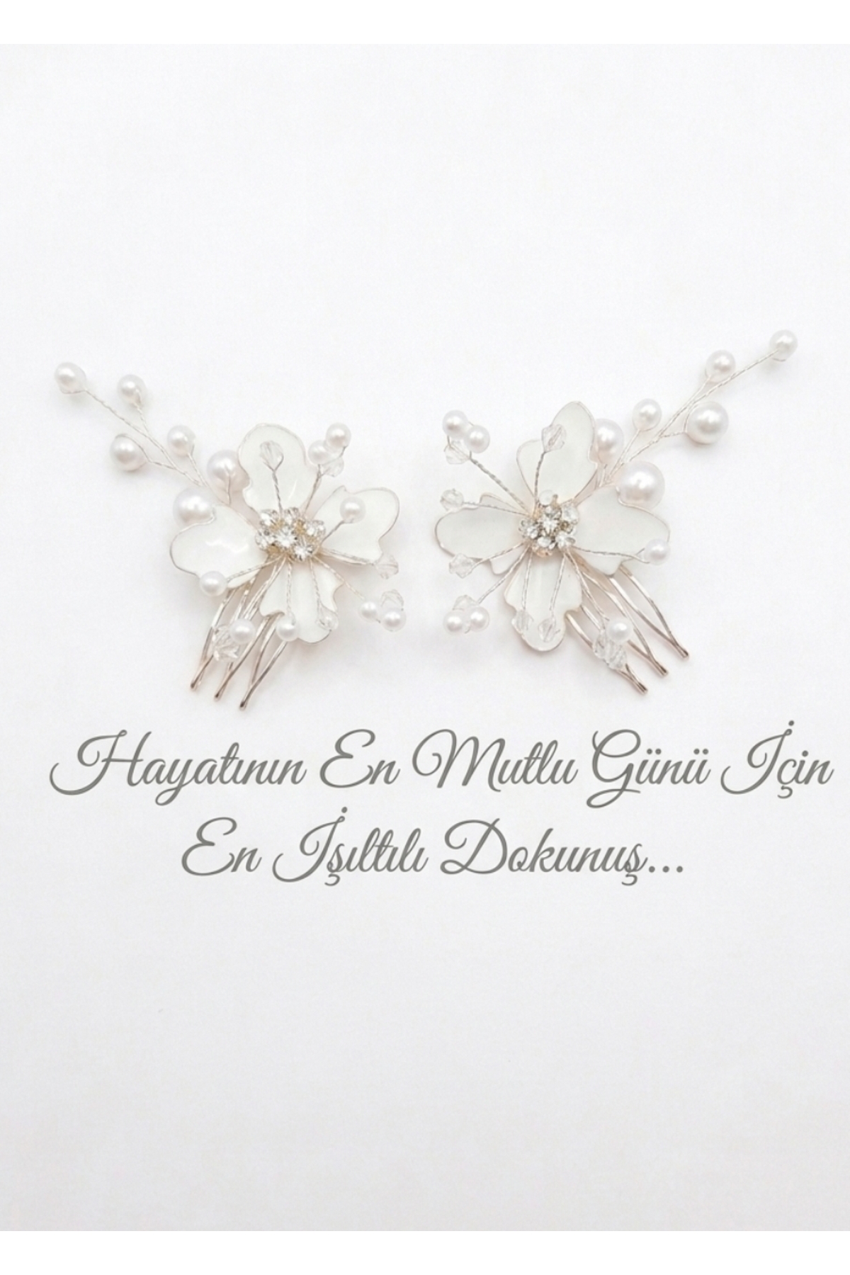 Tugiba 2'li Gelin Tokası Beyaz Çiçekli Taraklı Gelin Saç Aksesuarı (Nikah, Nişan, Söz, Özel Günler)
