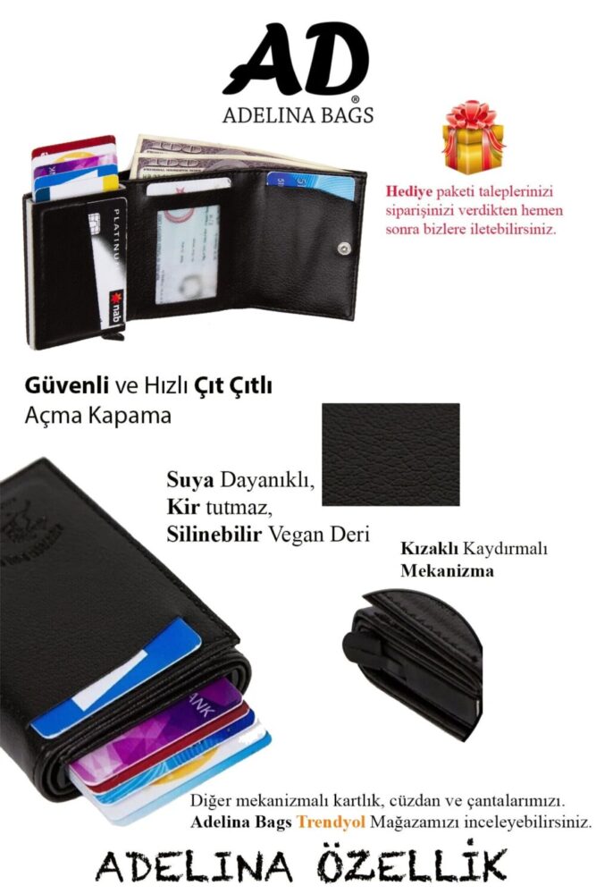 Newish Adelina Unisex Siyah Mekanizmalı Otomatik Kızaklı Kartlık Cüzdan (7CMX10CM) - Görsel 2