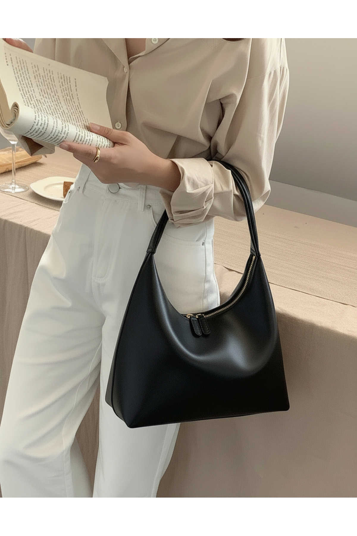 HONEY BAG Misel Vintage Çift Fermuarlı El Kol ve Omuz Çantası Siyah