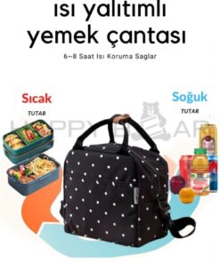 Happy Bear Termal Çanta Yemek Taşıma Beslenme Çantası Isı Yalıtımlı Su Geçirmez Siyah Puantiye Desenli - Görsel 2