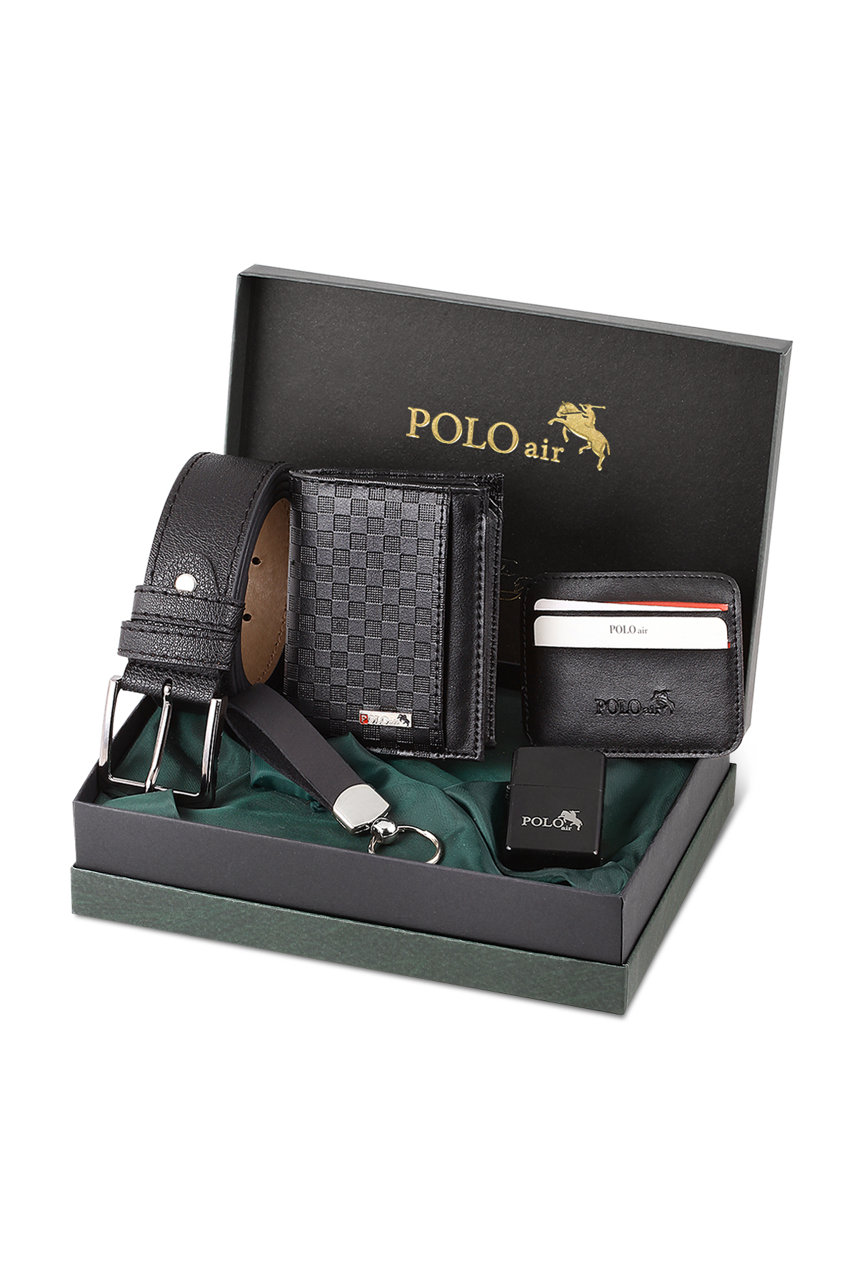polo air Dama Desen Cüzdan Kendinden Kartlık Kemer Anahtarlık Çakmak Kombin Siyah CHM-13-S