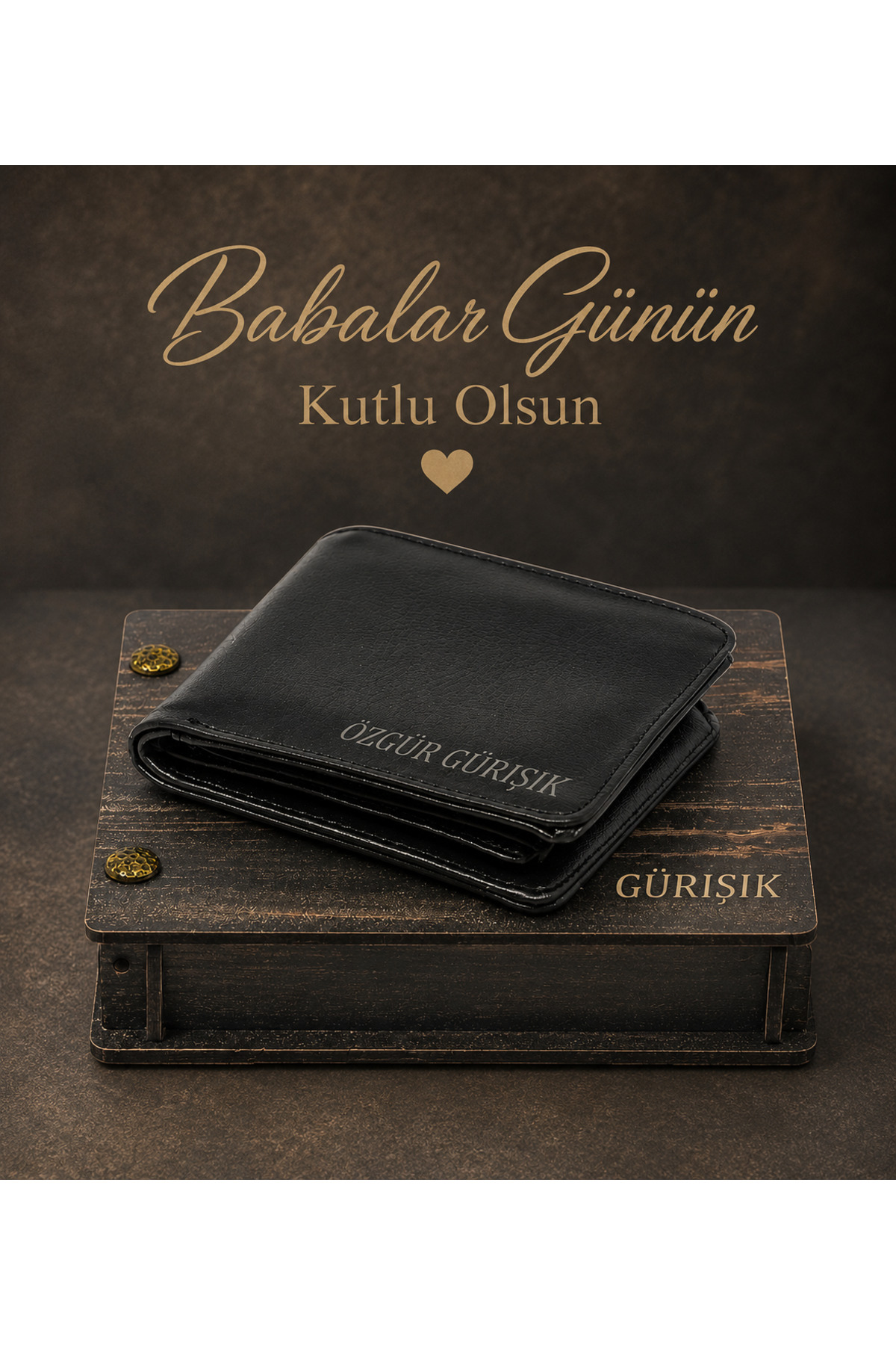 Yaprak Hediyelik Babalar Günü Hediyesi Kişiye Özel Isimli Ahşap Kutulu Deri Erkek Cüzdanı