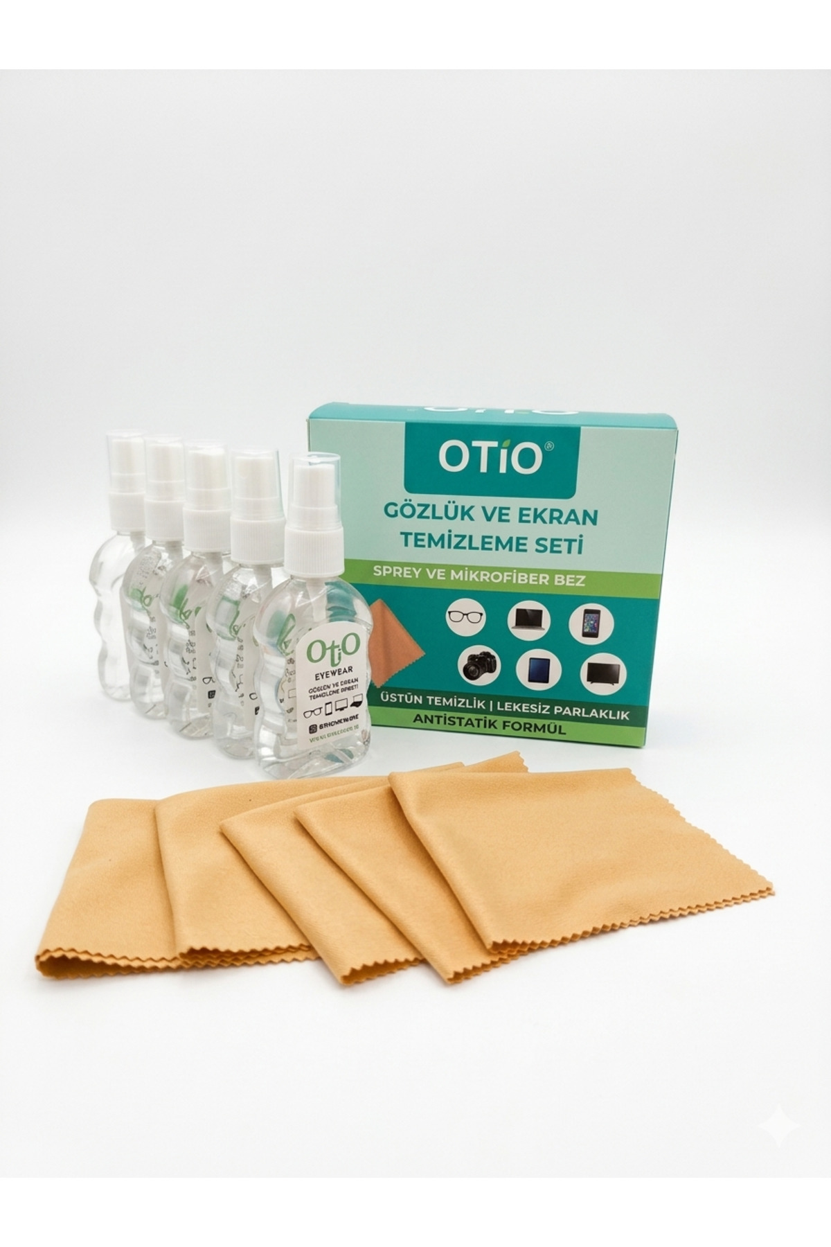 otio 5 Adet Gözlük Temizleme Spreyi 50 ML 5 Adet 15x18 cm A Kalite Mikrofiber Bez