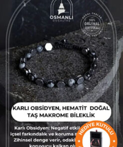 OSMANLI DOĞAL TAŞ Orijinal & Sertifikalı Doğal Taş Erkek Karlı Obsidyen Hematit Kutulu El Yapımı Makrome Bileklik