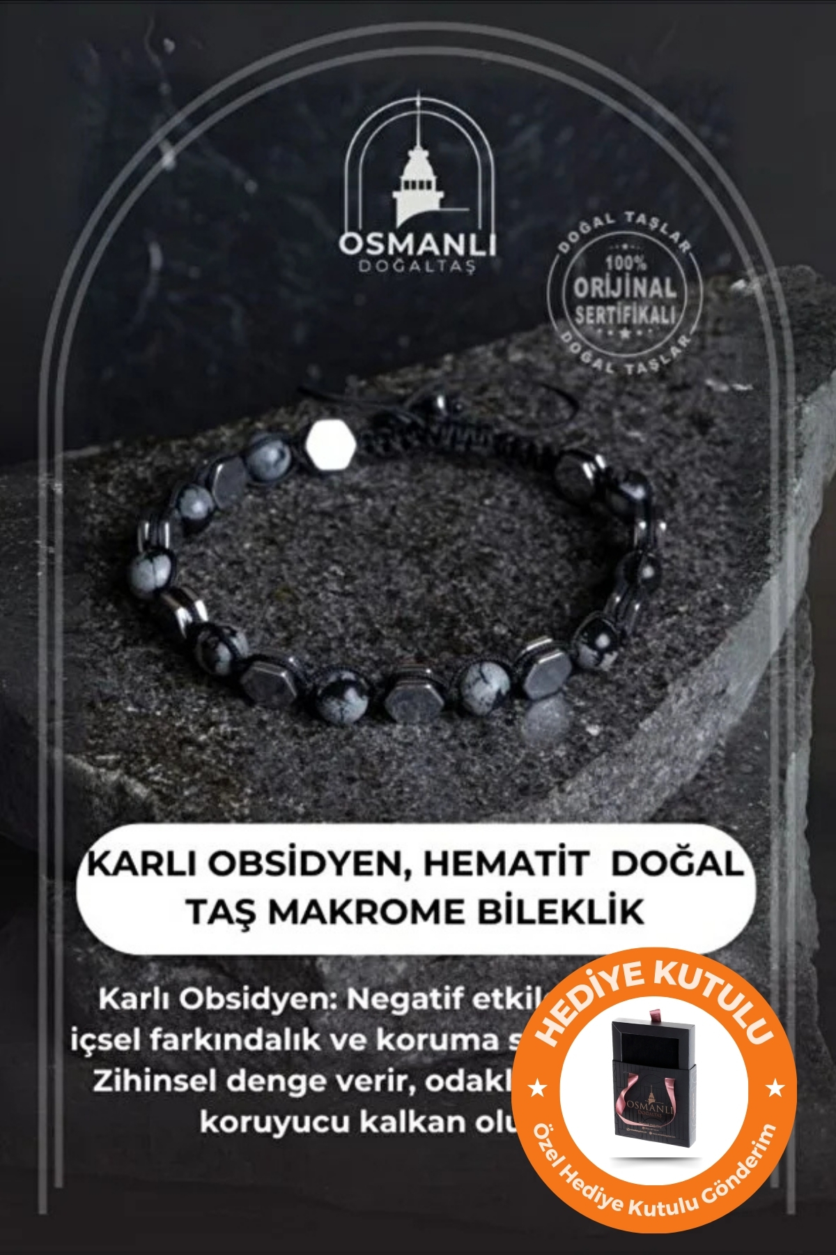 OSMANLI DOĞAL TAŞ Orijinal & Sertifikalı Doğal Taş Erkek Karlı Obsidyen Hematit Kutulu El Yapımı Makrome Bileklik