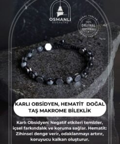 Alternative view of OSMANLI DOĞAL TAŞ Orijinal & Sertifikalı Doğal Taş Erkek Karlı Obsidyen Hematit Kutulu El Yapımı Makrome Bileklik