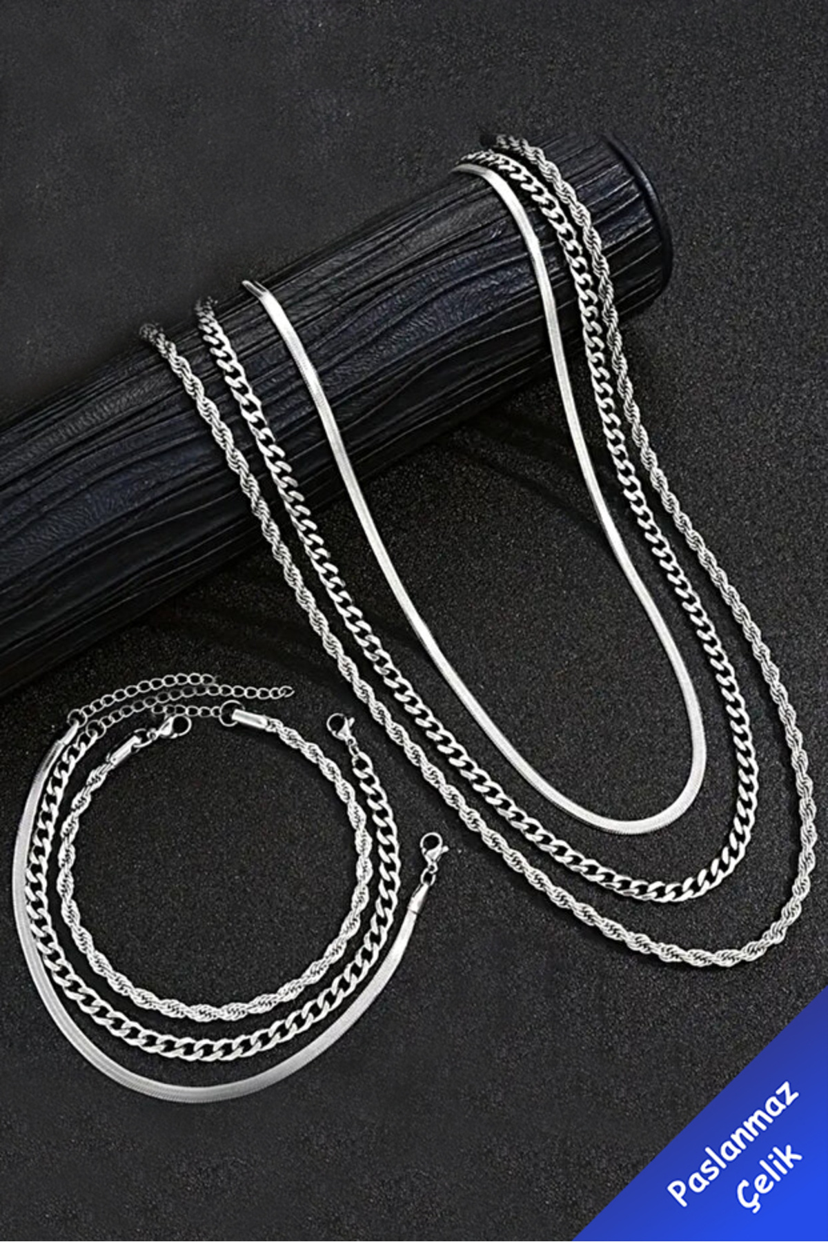 The Collection 6'lı Paslanmaz Çelik Erkek Kolye ve Bileklik Seti (3 Kolye + 3 Bileklik )
