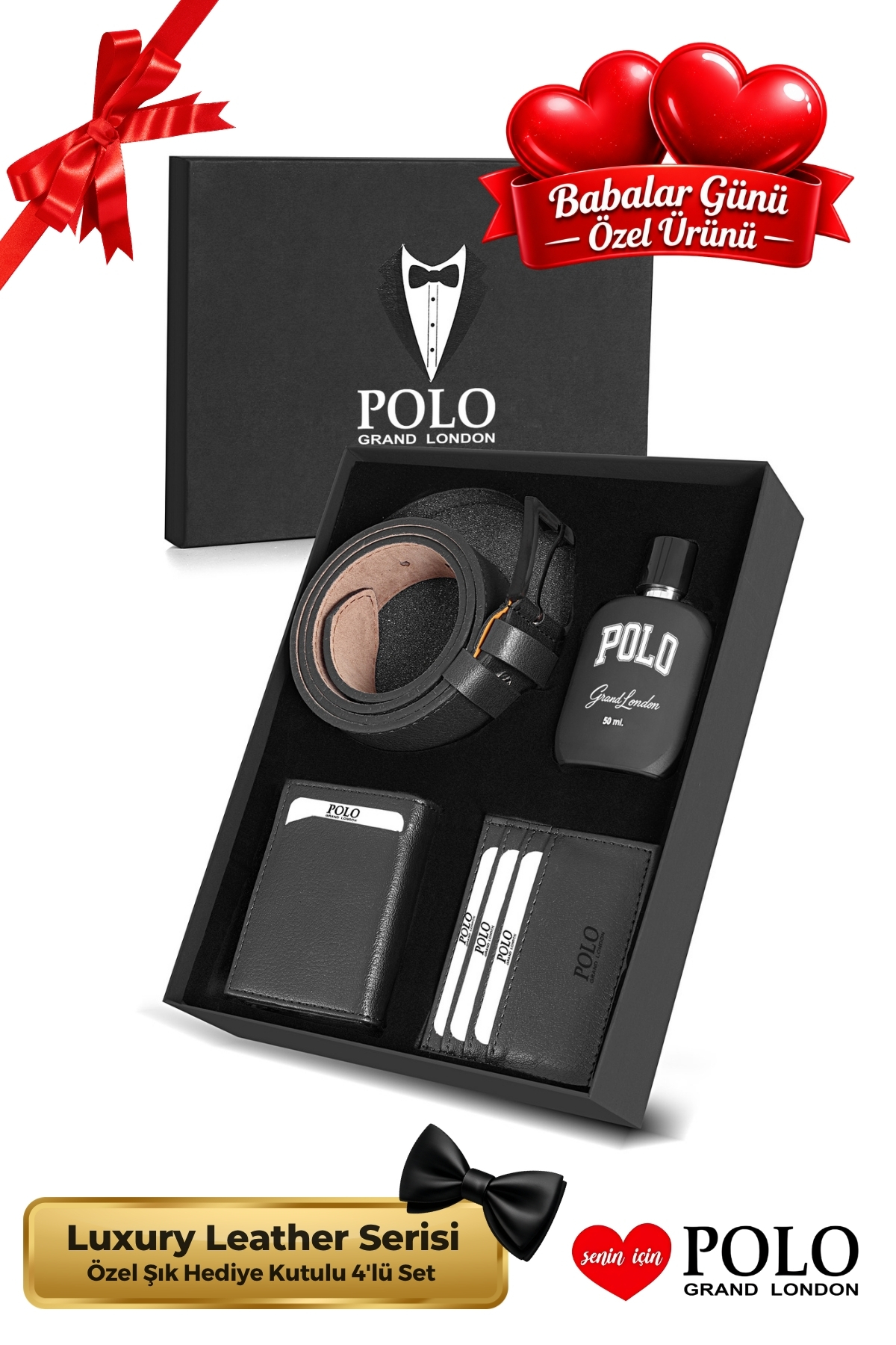 POLOGRAND London 4'lü Set Özel Kutulu Babalar Günü Hediyesi İçin Babaya Hediyelik Parfüm Kemer Cüzdan Kartlık Seti