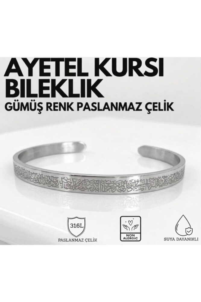 Miyoste Ayetel Kürsi Bileklik Gümüş Renk Erkek/Kadın Paslanmaz Çelik Ayarlanabilir Bileklik