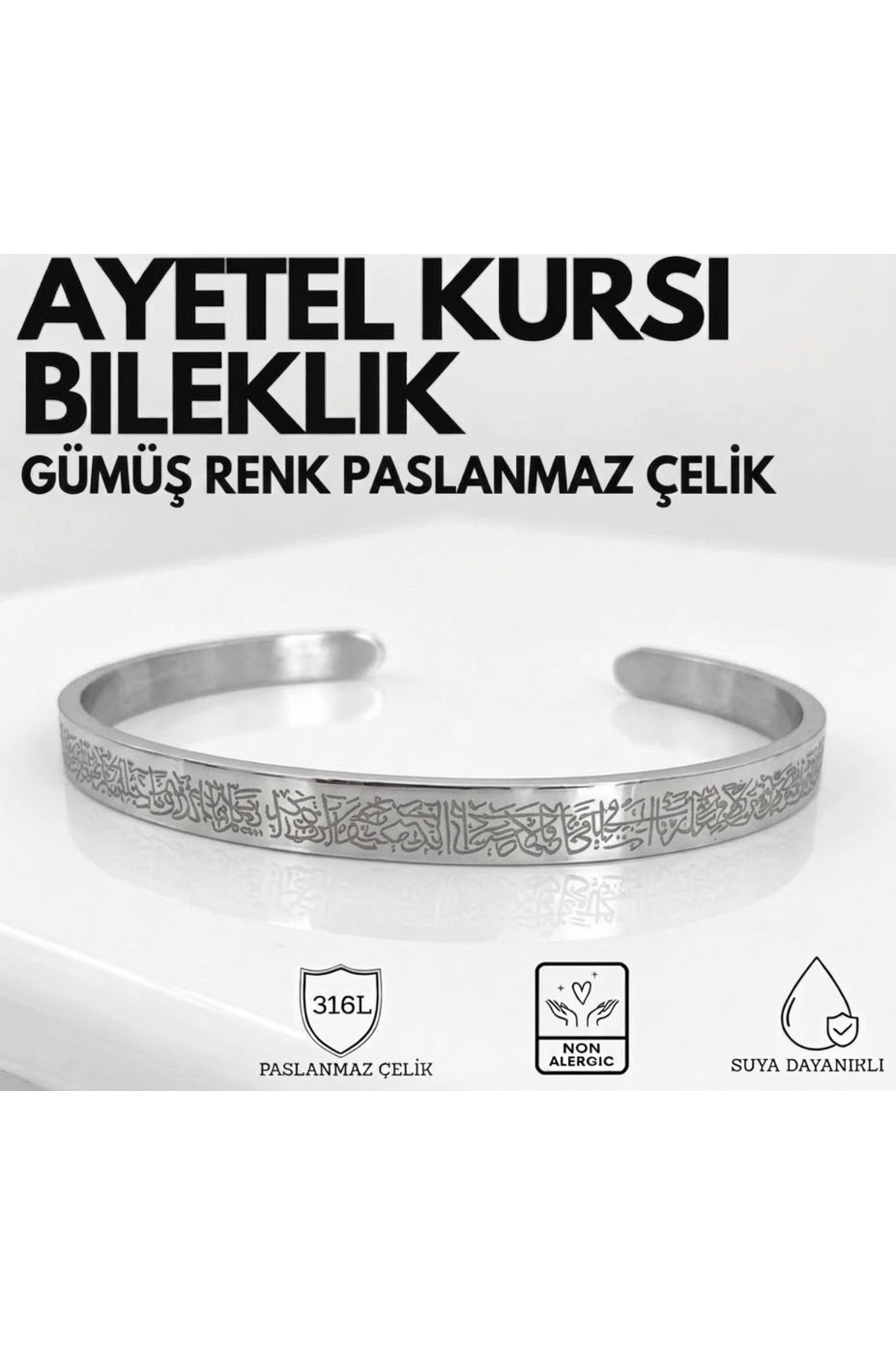 Miyoste Ayetel Kürsi Bileklik Gümüş Renk Erkek/Kadın Paslanmaz Çelik Ayarlanabilir Bileklik