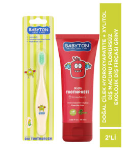 BABYTON Doğal Çilek Hydroxyapatite + Xylitol Diş Macunu Florürsüz - Ekolojik Diş Fırçası Griny 2'li Set