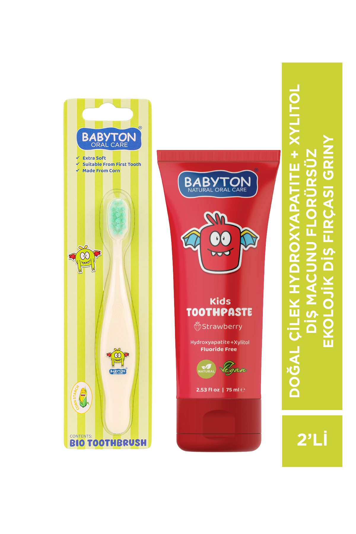 BABYTON Doğal Çilek Hydroxyapatite + Xylitol Diş Macunu Florürsüz - Ekolojik Diş Fırçası Griny 2'li Set