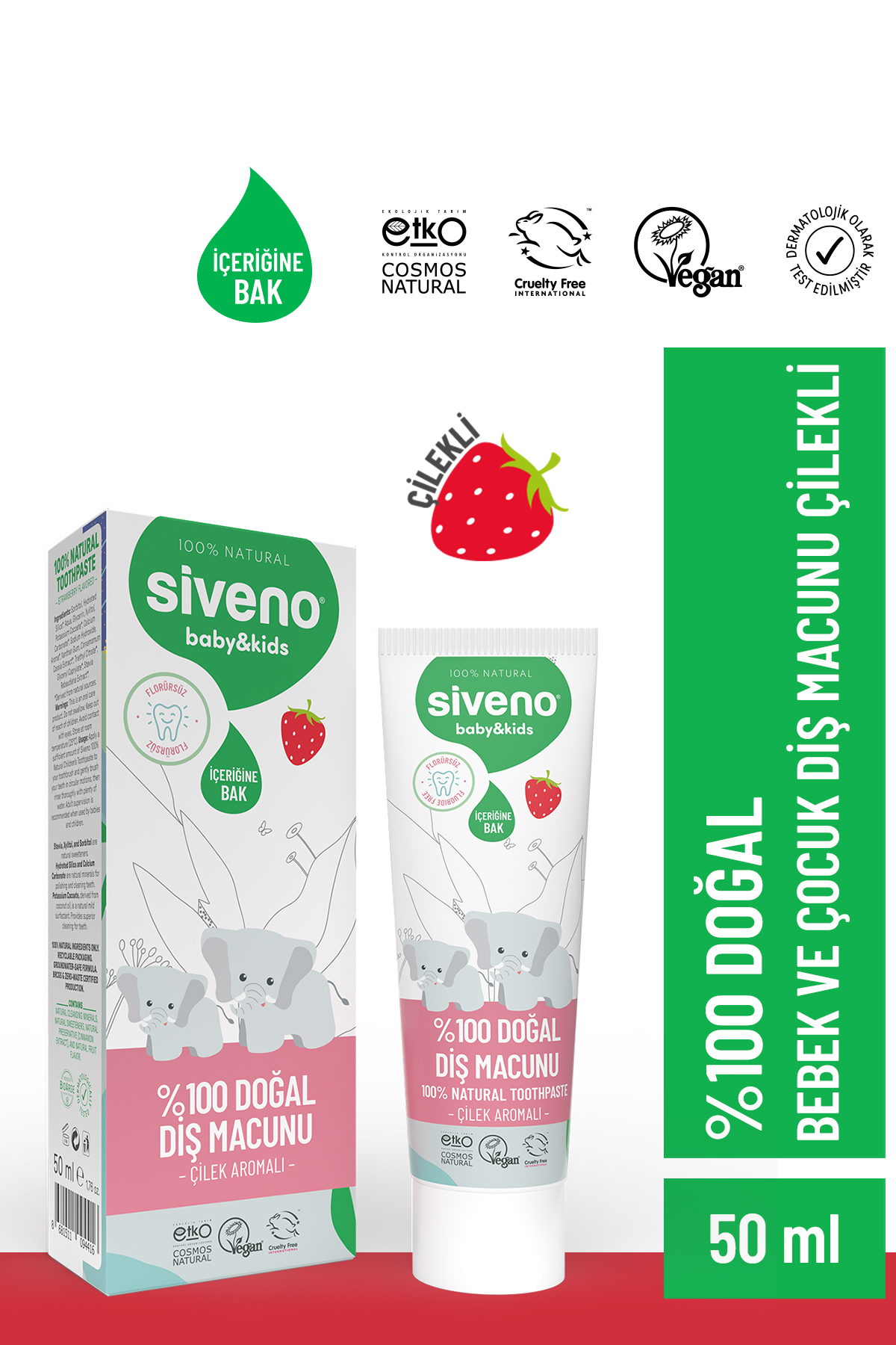 Siveno 0 Doğal Diş Macunu Bebek ve Çocuk İçin Çilek Aromalı Florürsüz 50 ml