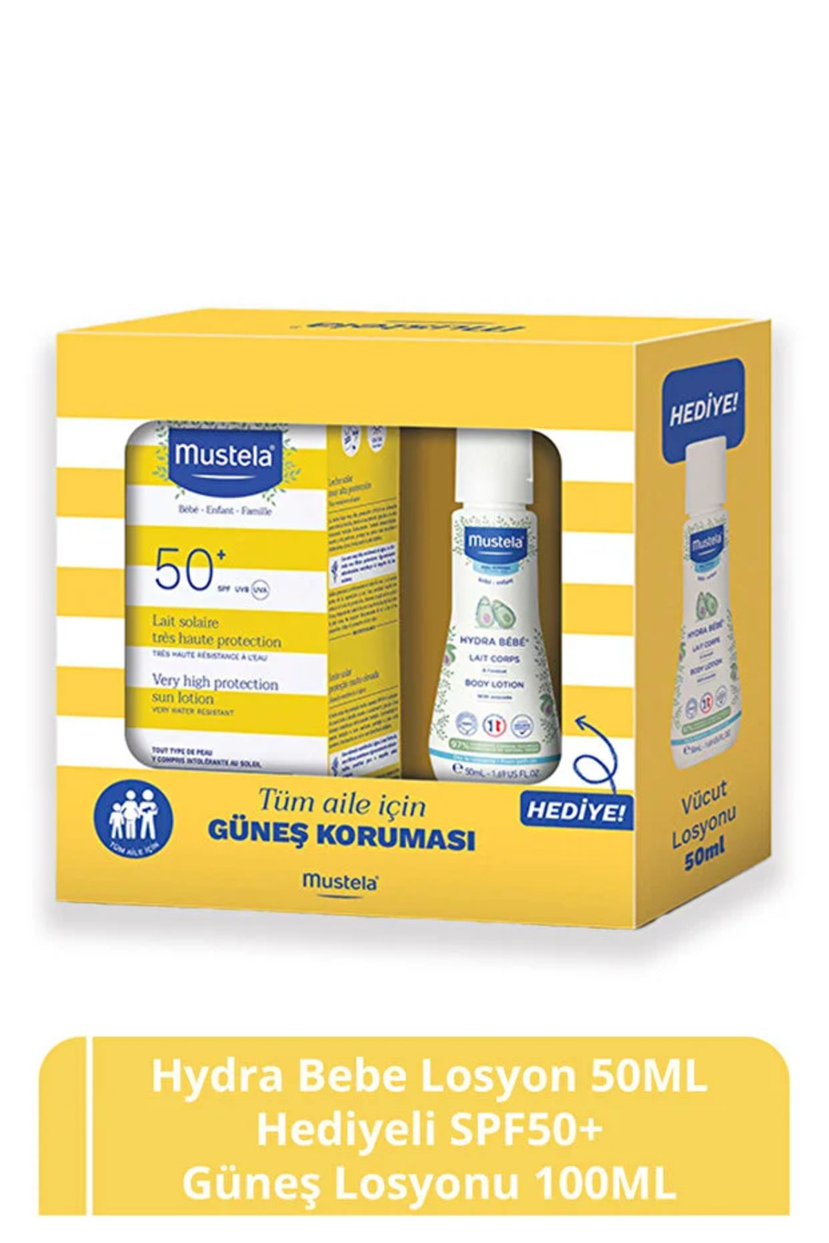 Mustela HydraBebe Losyon Hediyeli SPF 50+ Güneş Koruyucu Tüm Cilt Tipleri Bebek Çocuk Yetişkin 100ml