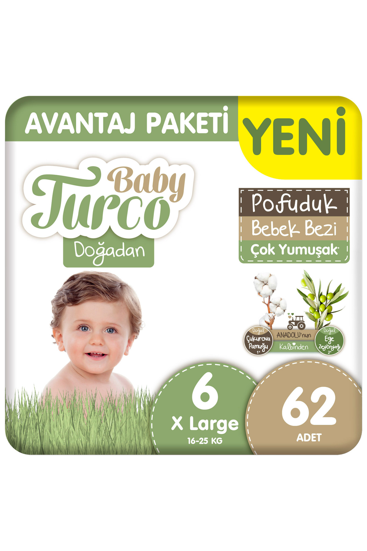 Baby Turco Doğadan Avantaj Paketi Pofuduk Bebek Bezi 6 Numara Xlarge 62 Adet