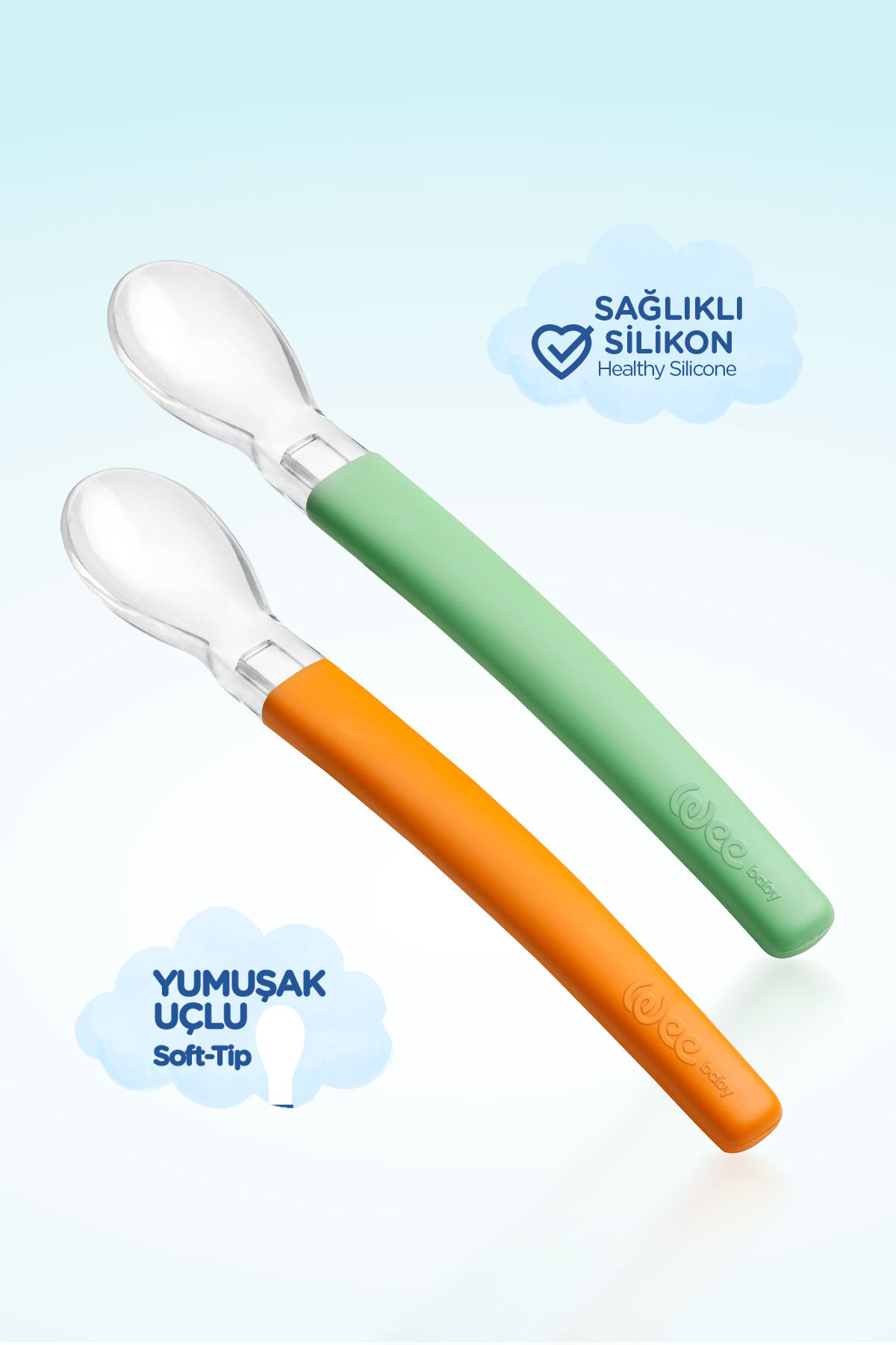 Wee Baby Silikon Uçlu 2'li Mama Kaşığı - YEŞİL- TURUNCU - Görsel 3