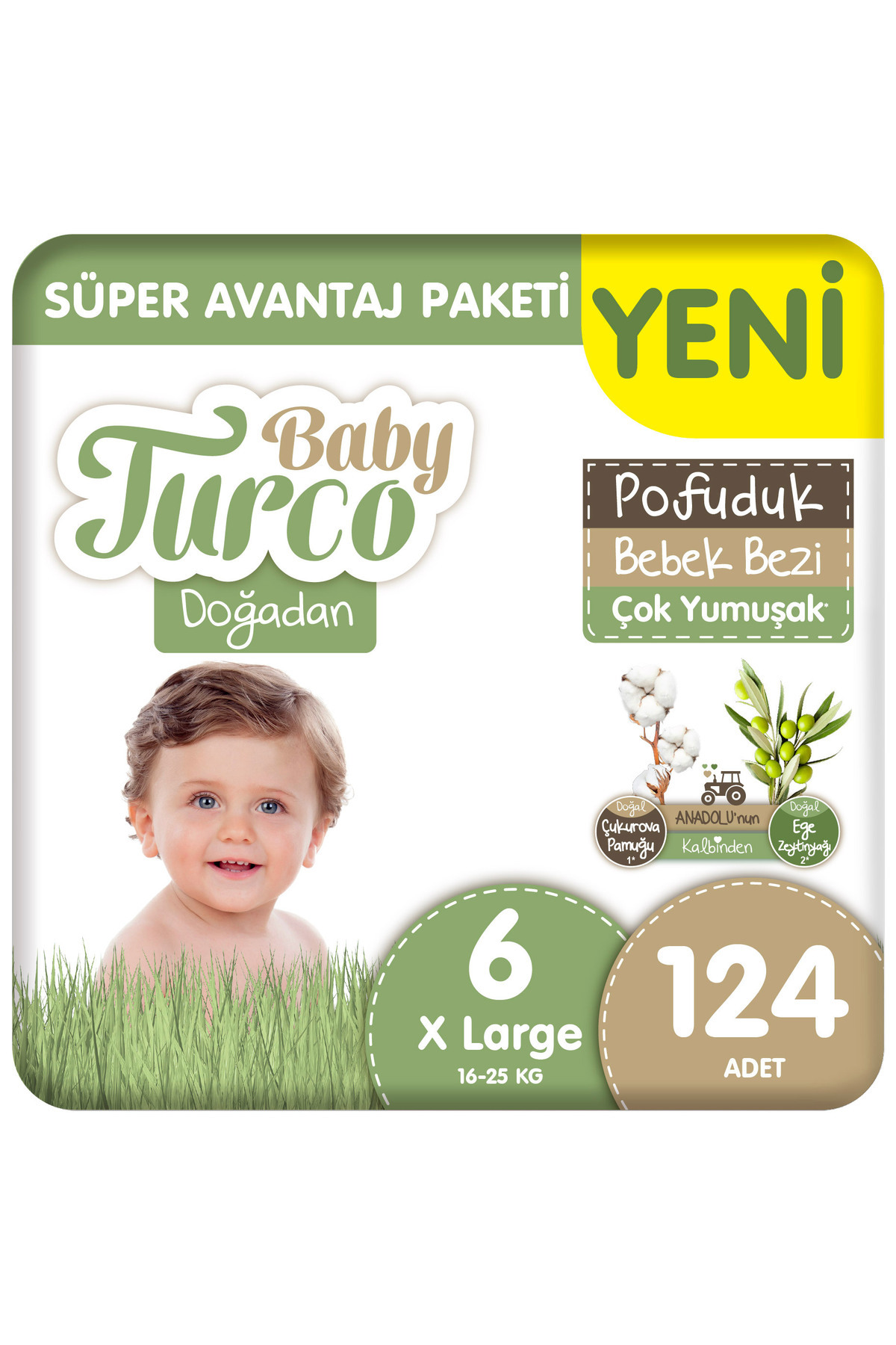 Baby Turco Doğadan Süper Avantaj Paketi Pofuduk Bebek Bezi 6 Numara Xlarge 124 Adet
