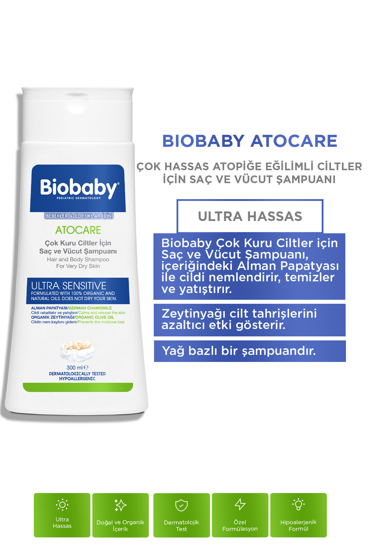 Biobaby Çok Kuru Ciltler Saç Ve Vücut Şampuanı 300 ml - Organik Zeytin Yağı Alman Papatyası Atopik Ciltler - Görsel 3