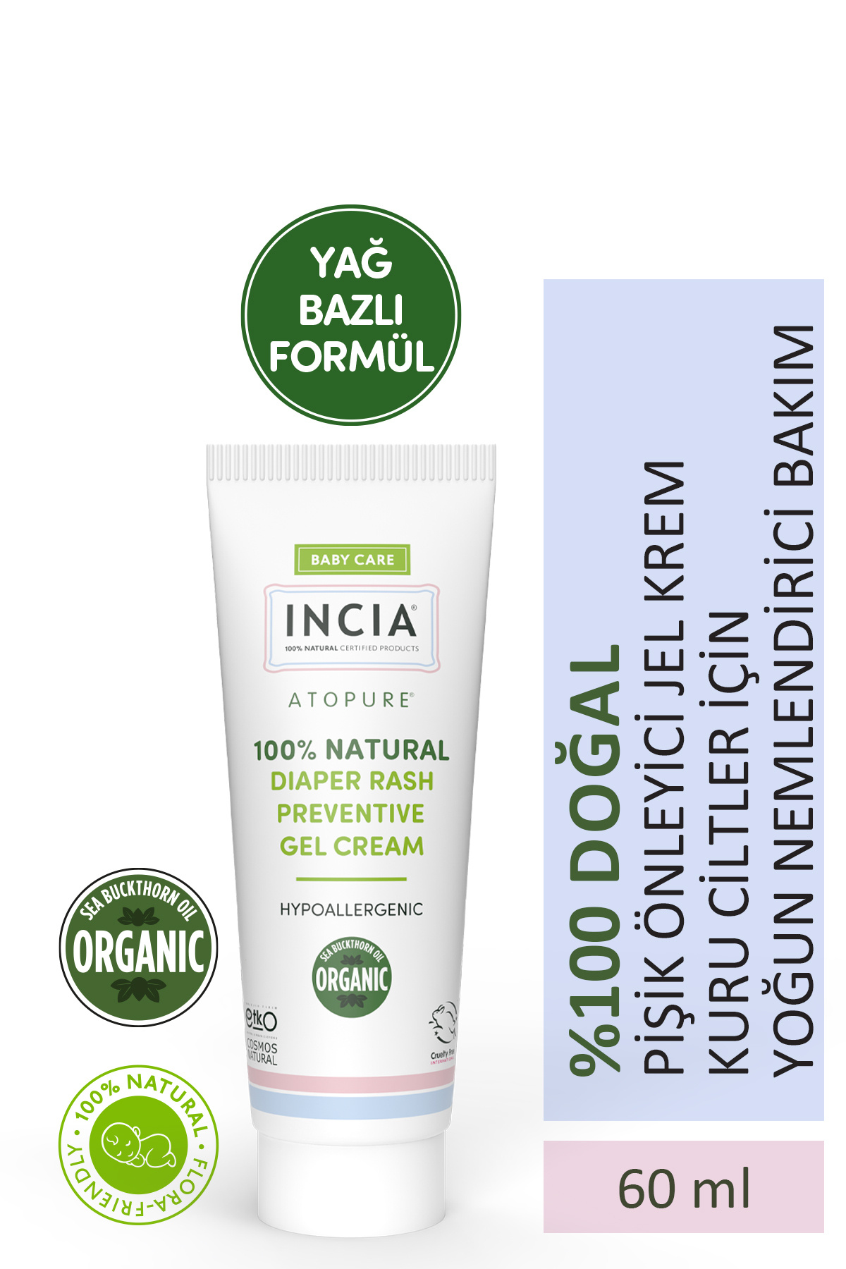INCIA ATOPURE ® 0 Doğal Pişik Önleyici Jel Krem Organik Yalancı İğde Bakım Kremi Bitkisel 60 ml