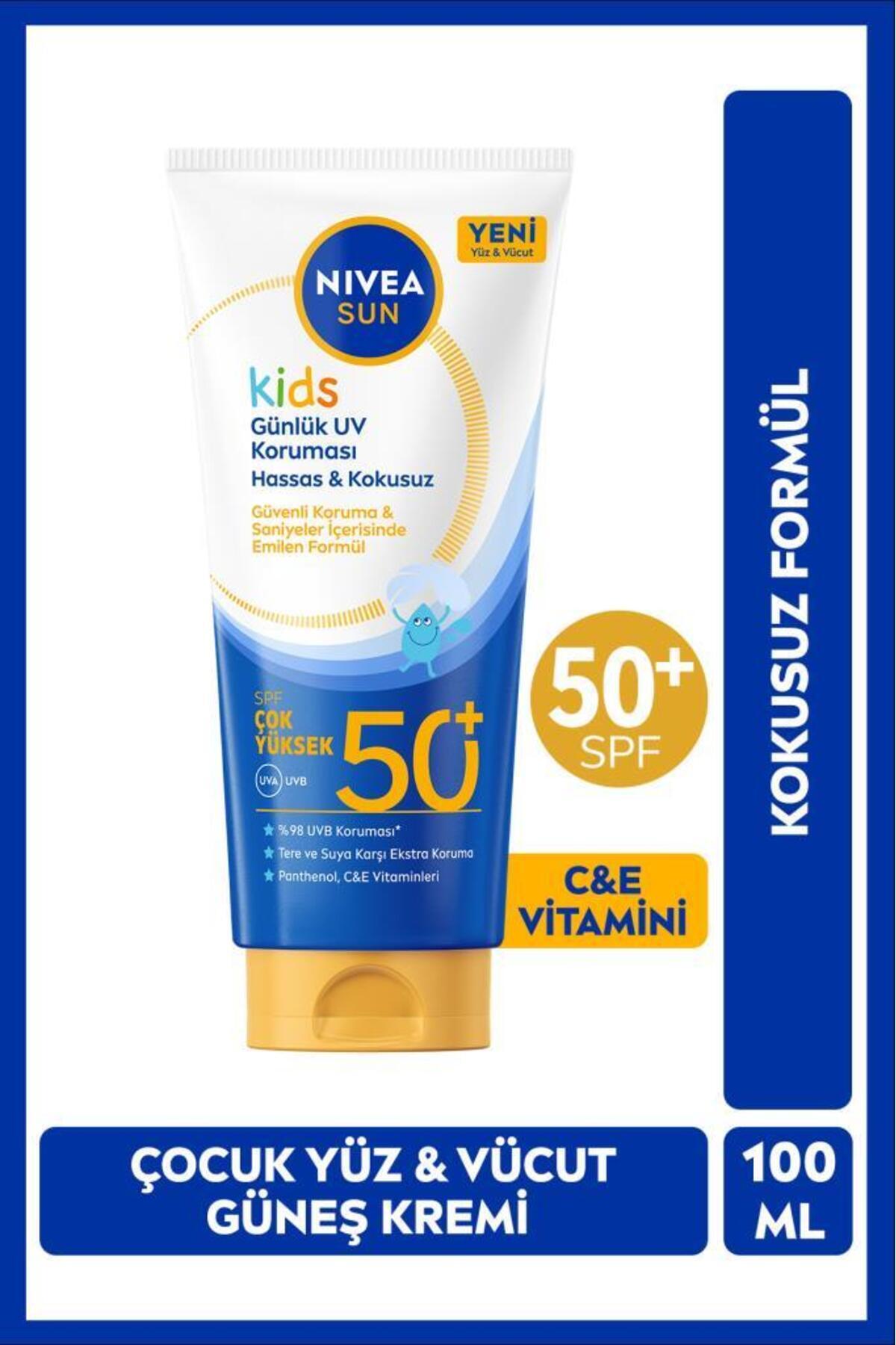 NIVEA SUN SPF50+Çocuklar İçin Çok Yüksek Güneş Korumalı Yüz,Vücut Güneş Kremi 100 ml,Kokusuz,E,C Vitamini